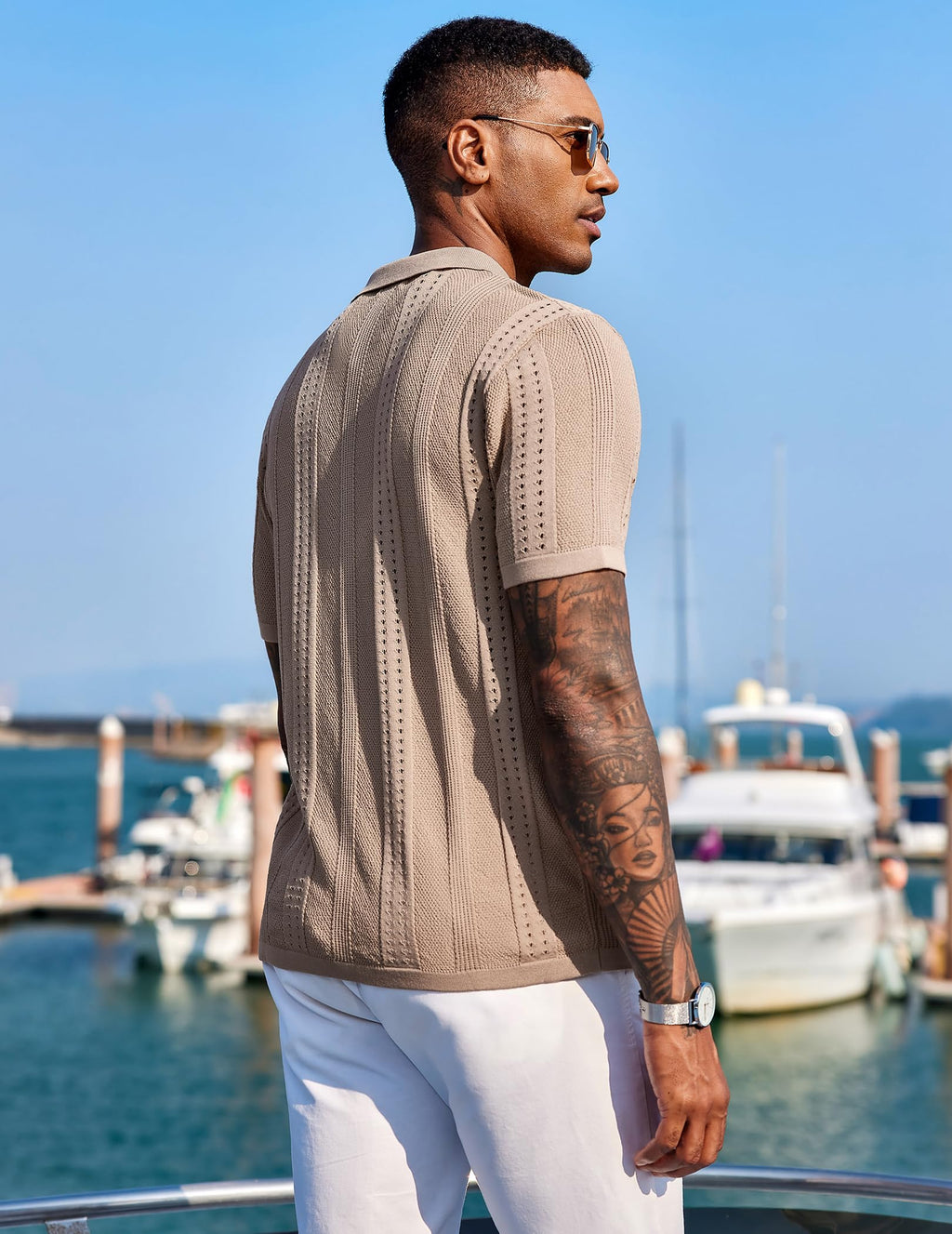 COOFANDY Men's Knit Shirts Short Sleeve Button Down Polo Shirt Fashion Casual Summer Beach Shirts, Khaki, Medium