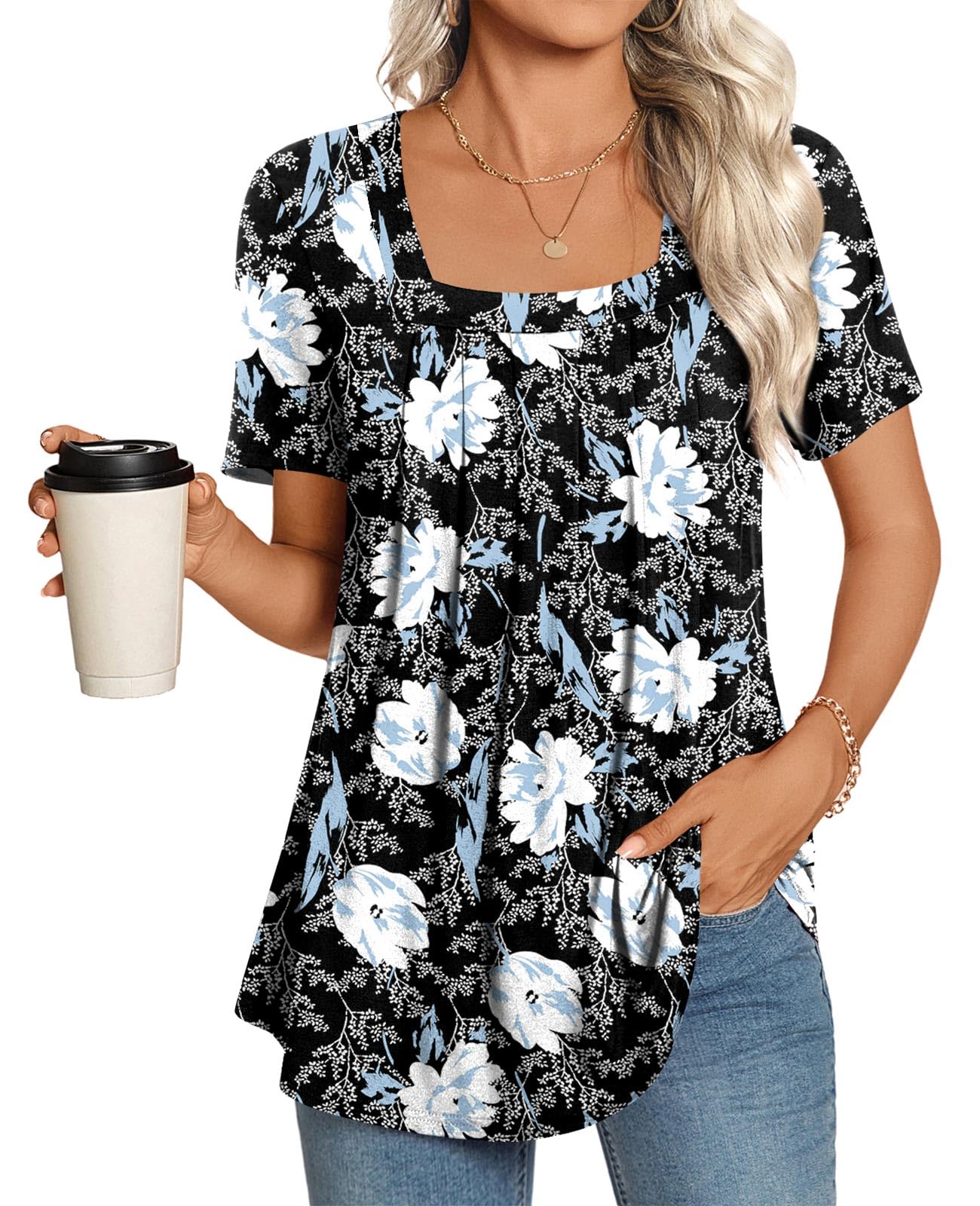 LONGYUAN Womens Tunic Tops 2025 Summer Casual Square Neck Shirts Print 2X-Large White Lily