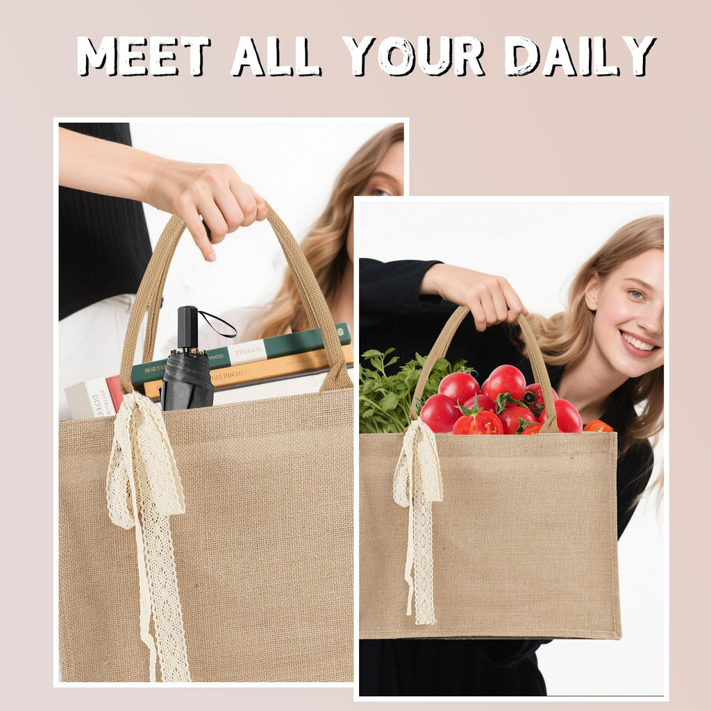 6pcs Burlap Tote Bag Set with Handles, Waterproof Reusable Blank Water Resistant Grocery Bags with Ribbon Large Jute Tote 15.35*6*12 Inch for Women Bridesmaid Gift Beach Shopping Wedding Travel DIY