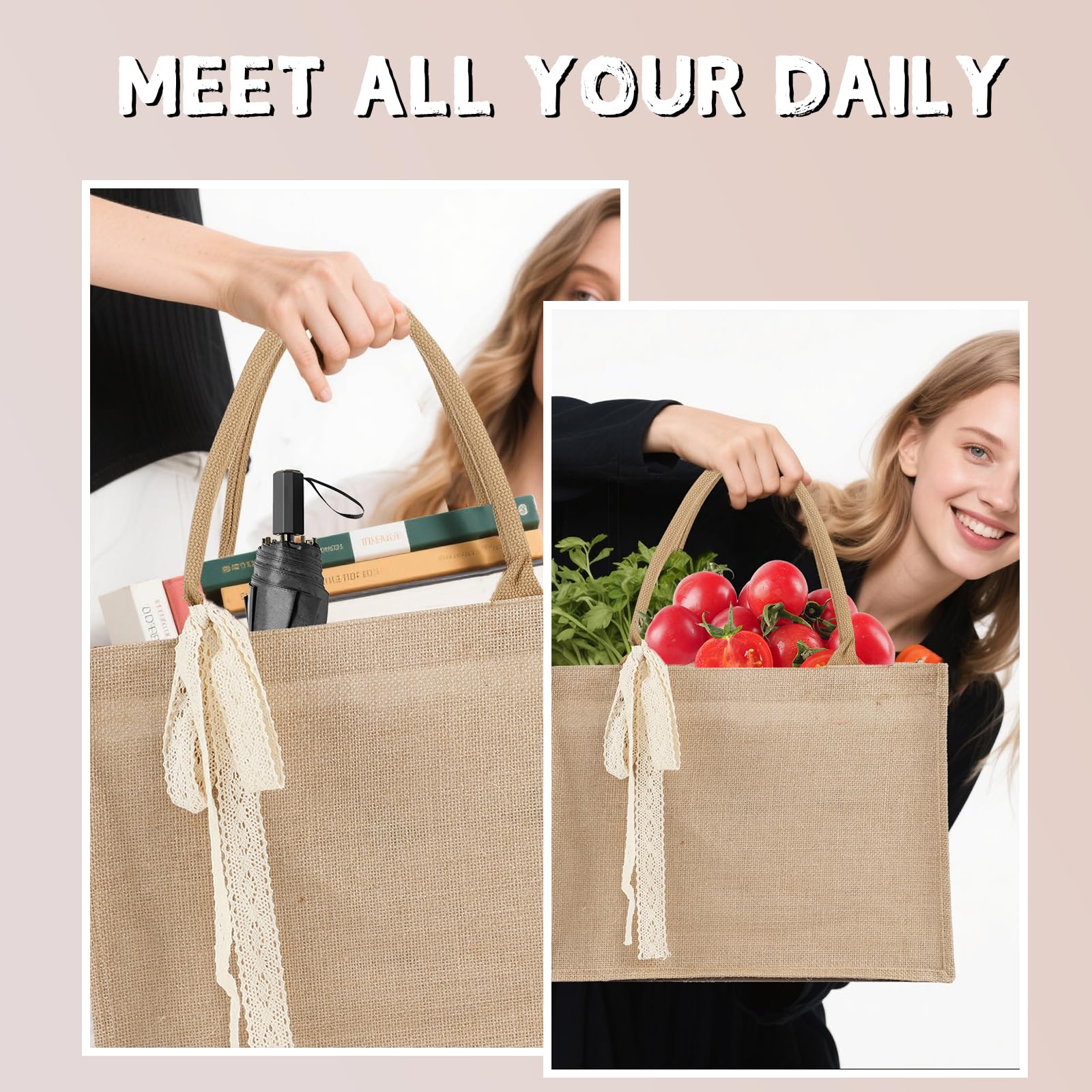 6pcs Burlap Tote Bag Set with Handles, Waterproof Reusable Blank Water Resistant Grocery Bags with Ribbon Large Jute Tote 15.35*6*12 Inch for Women Bridesmaid Gift Beach Shopping Wedding Travel DIY