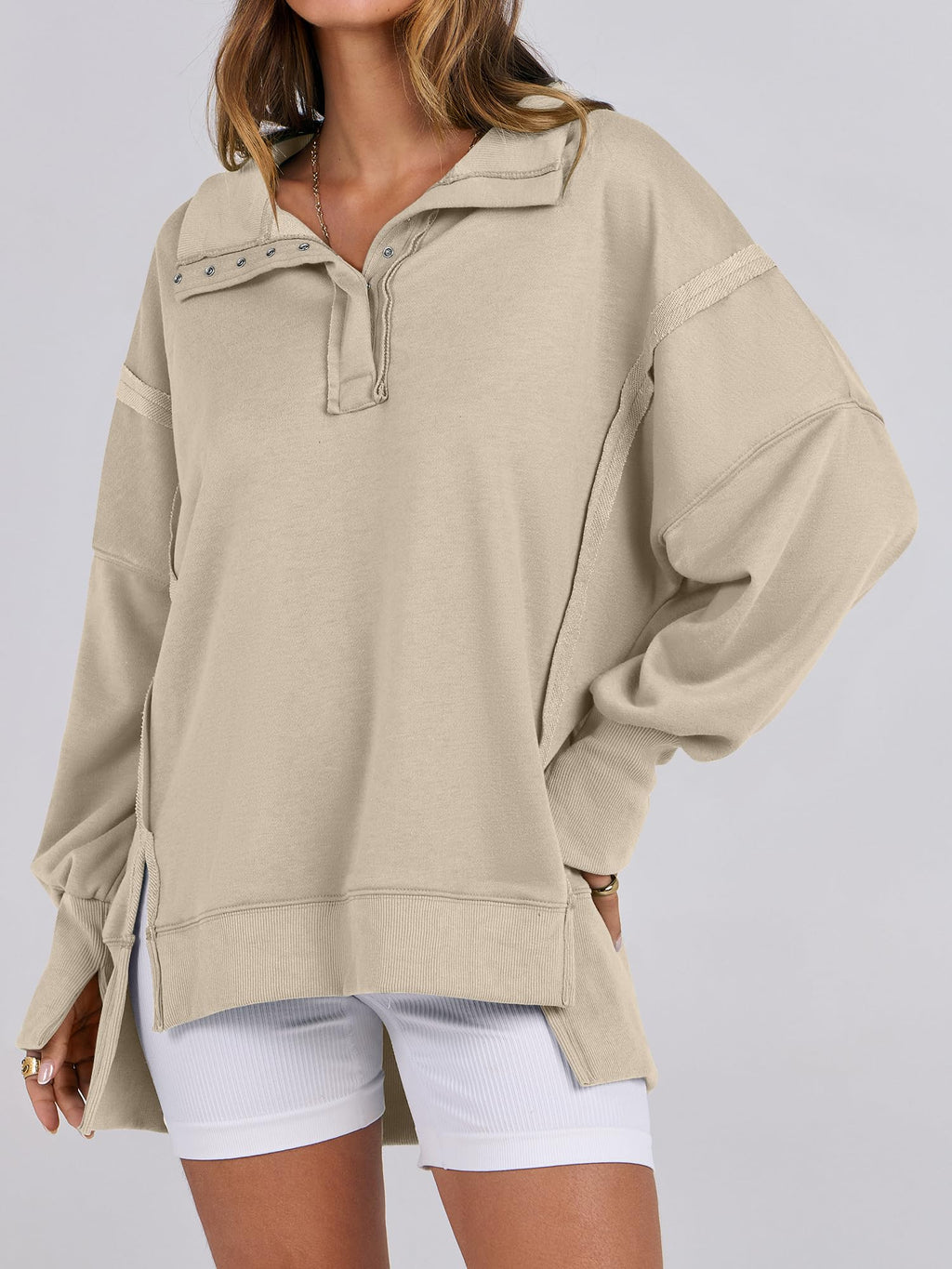 ANRABESS Sweatshirt for Women Oversized Henley Fall Outfits Apricot