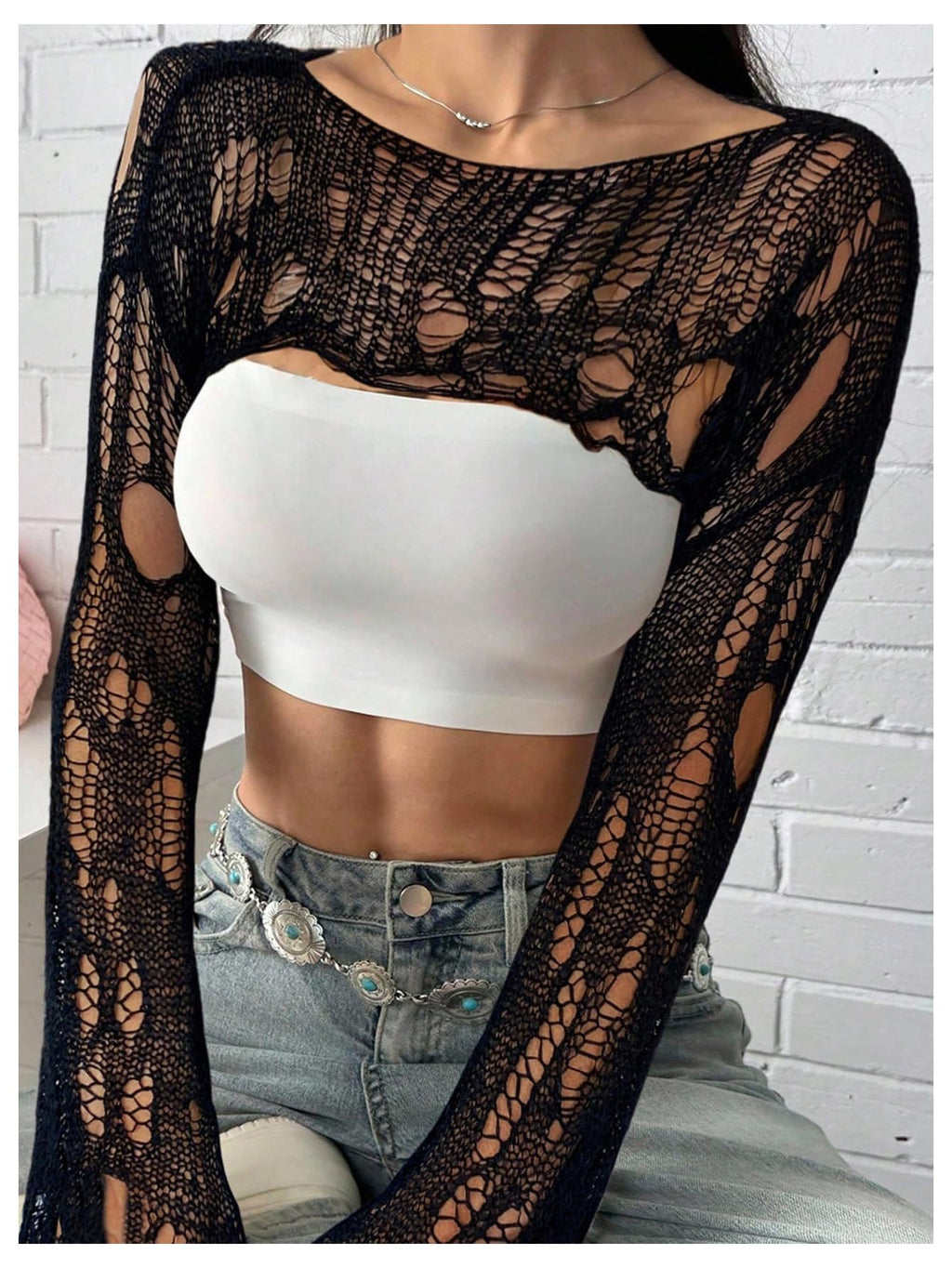 WDIRARA Women's Off Shoulder Crochet Distressed Hollow Out Long Sleeve Bolero Shrug Pullover Crop Top Black Medium