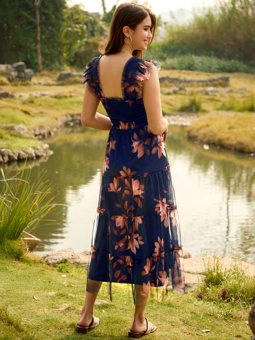ANRABESS Women Summer Floral Midi Dress Sleeveless Boho Flowy Smocked RuffleTulle Beach Vacation Wedding Guest Party Dresses Large
