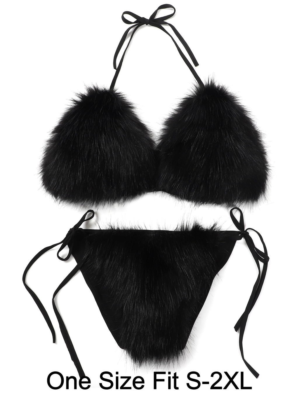 LA CARRIE Women's Detachable Faux Fur Bikini Sets Two Pieces Halter Tie Side Cheeky Leopard Swimsuits Bathing Suit(Black)