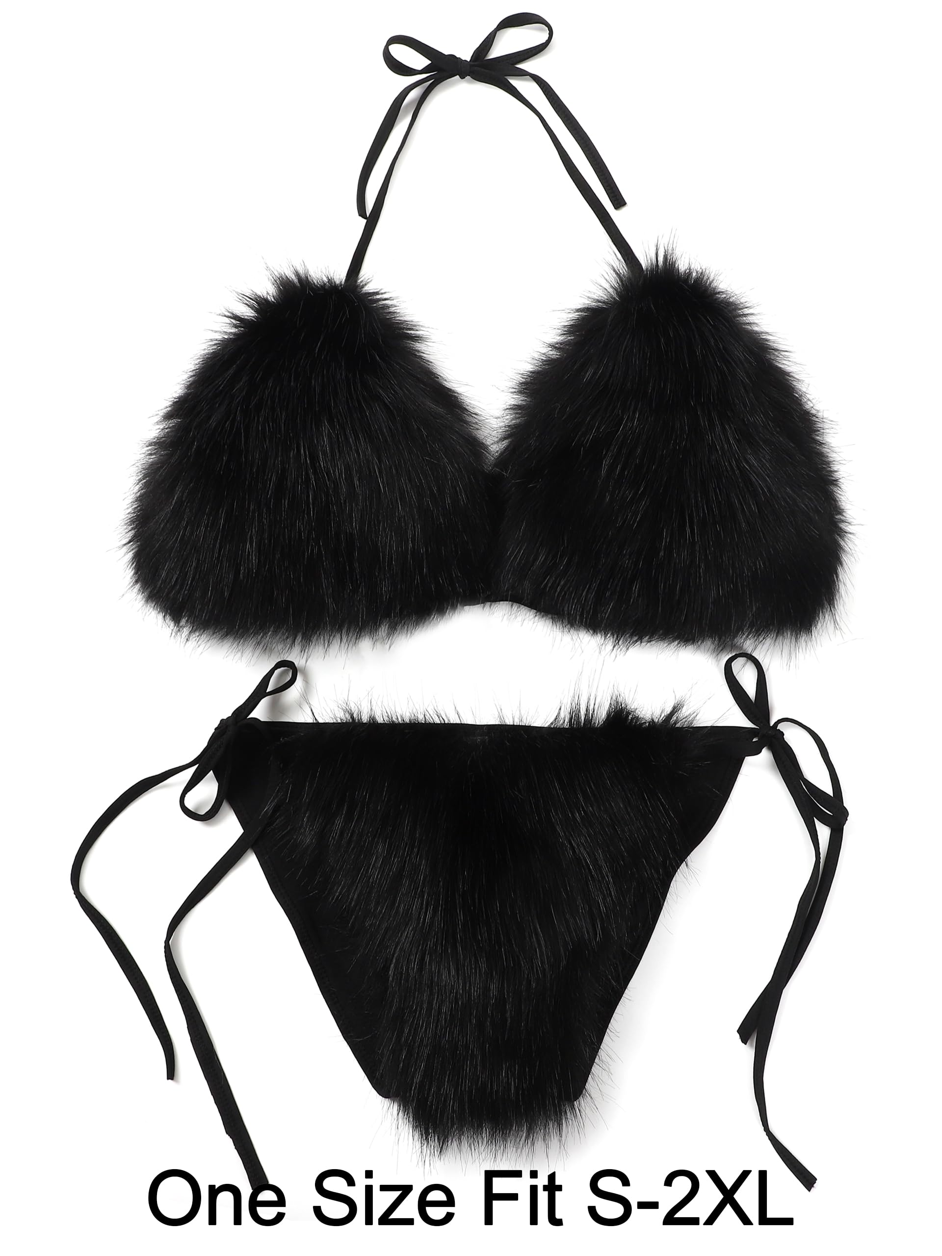 LA CARRIE Women's Detachable Faux Fur Bikini Sets Two Pieces Halter Tie Side Cheeky Leopard Swimsuits Bathing Suit(Black)