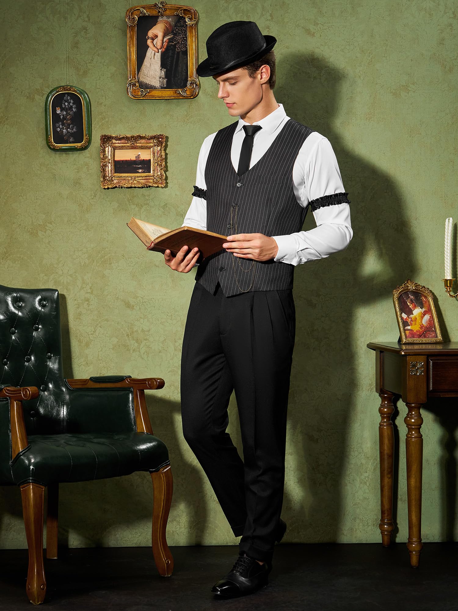 YESSA 1920s Mens Costume,1920 Mens Outfit,Roaring 20s Costumes for Men,1920s Hat Vest Pocket Watch Suspenders Tie