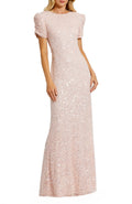 Mac Duggal Beaded Mesh High Neck Puff Sleeve Gown Blush