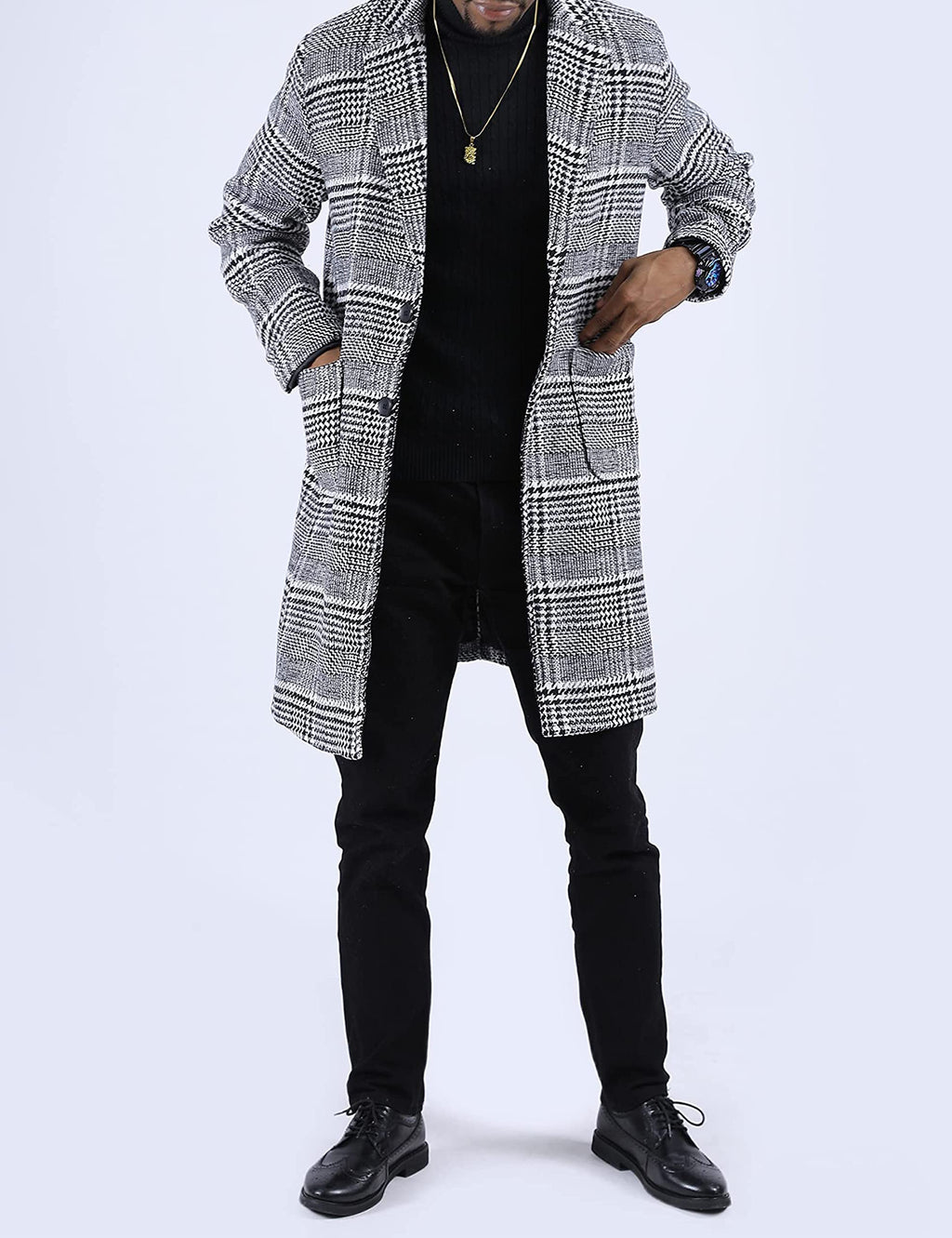 Springrain Men's Wool Blend Pea Coat Notched Collar Single Breasted Overcoat Warm Winter Trench Coat(BlackandWhite-S)