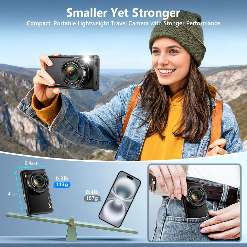 5K 96MP Digital Camera for Photography with 6X Optical Zoom,2026 Upgraded Autofocus Vlogging Camera for YouTube with Dual Lens, 64GB Card, Flash, Anti-Shake, Compact Point and Shoot Digital Cameras