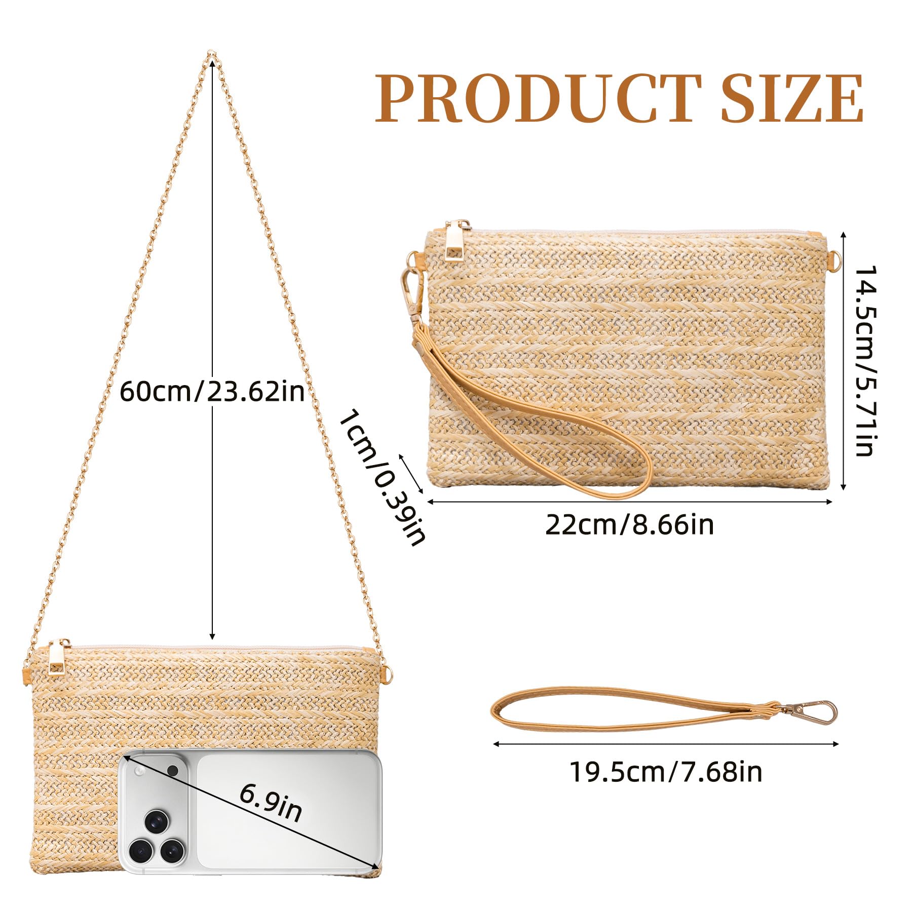 Larcenciel Straw Clutch Purses for Women w/Wrist Strap, Beige Woven Beach Purse & Chain Zipper, Boho Evening Wristlet Wallet, Summer Shoulder Crossbody Bag for Wedding Prom Vacation,8.6x5.7x0.4in