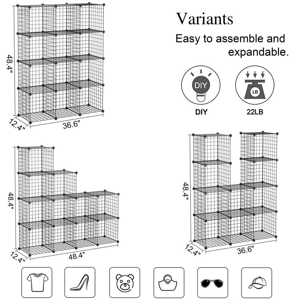 C&AHOME Wire Cube Storage, 12-Cube Storage Organizer Metal, C Grids Storage Bins Shelving, Modular Bookshelf Shelf, Closet Cabinet Ideal for Bedroom, Office 36.6”L x 12.4”W 48.4”H Black
