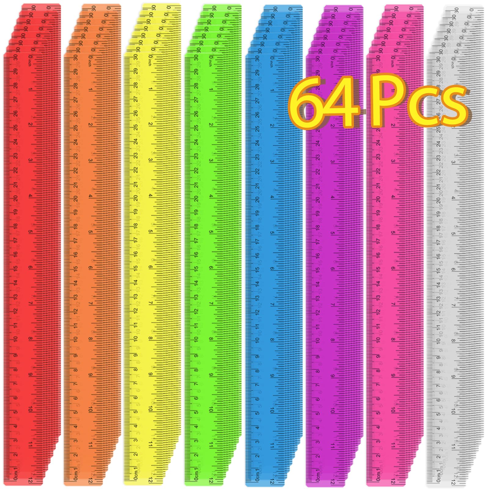 64 Pack Plastic Ruler 12 Inch in Bulk, Plastic Rulers in Assorted Colors, Clear Ruler with Inches and Centimeters, Transparent Rulers Bulk for Kids Back to School, Classroom, Office, Home Supplies