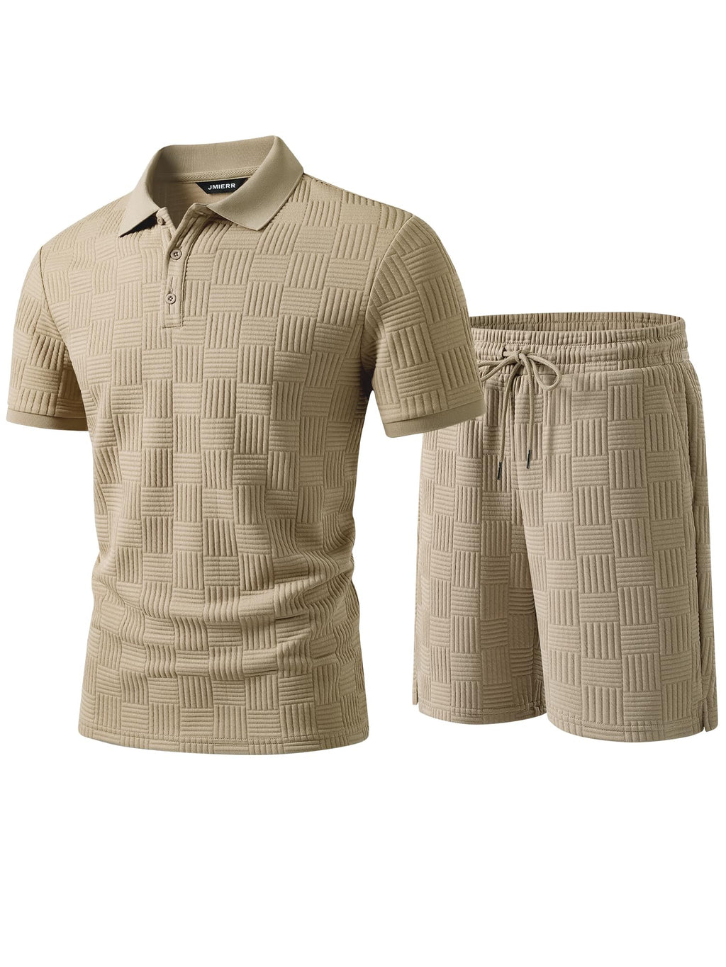 JMIERR Men's Summer Beach Outfit 2 Piece Set Short Sleeve Textured Polo and Drawstring Shorts Casual Vacation Wear, Large, Light French Beige