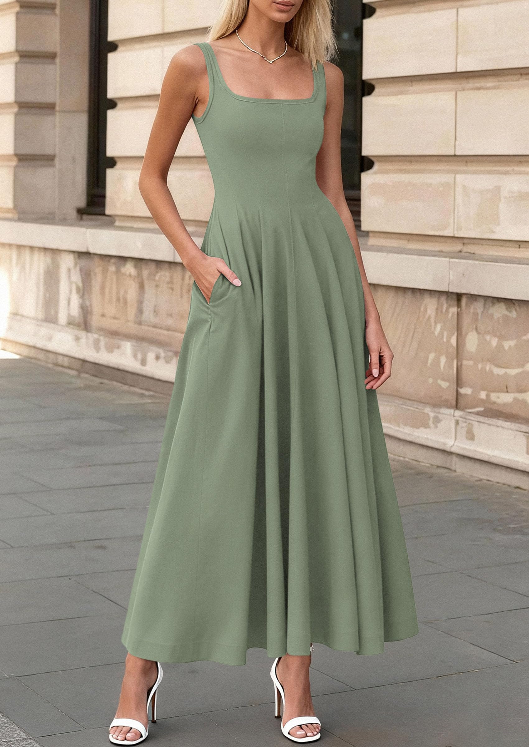 PRETTYGARDEN Cocktail Dresses for Women Formal 2026 Summer Sleeveless A Line Long Flowy Spring Wedding Guest Party Midi Dress (Sage Green,Small)