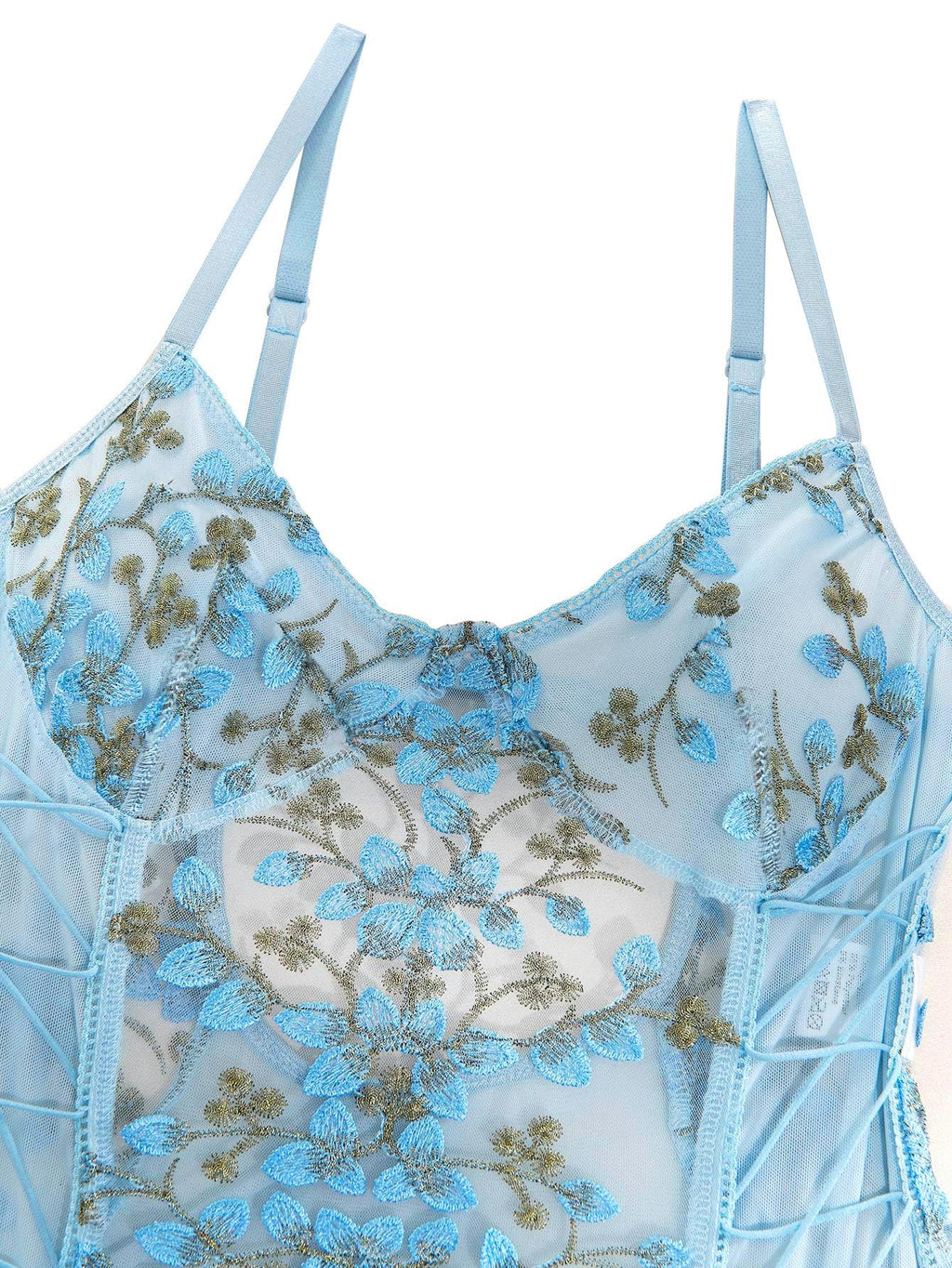 Lilosy Women Sexy Lace Up Floral Embroidered Teddy Babydoll Lingerie Bodysuit Top Mesh Sheer One Piece See Through Light Blue Medium