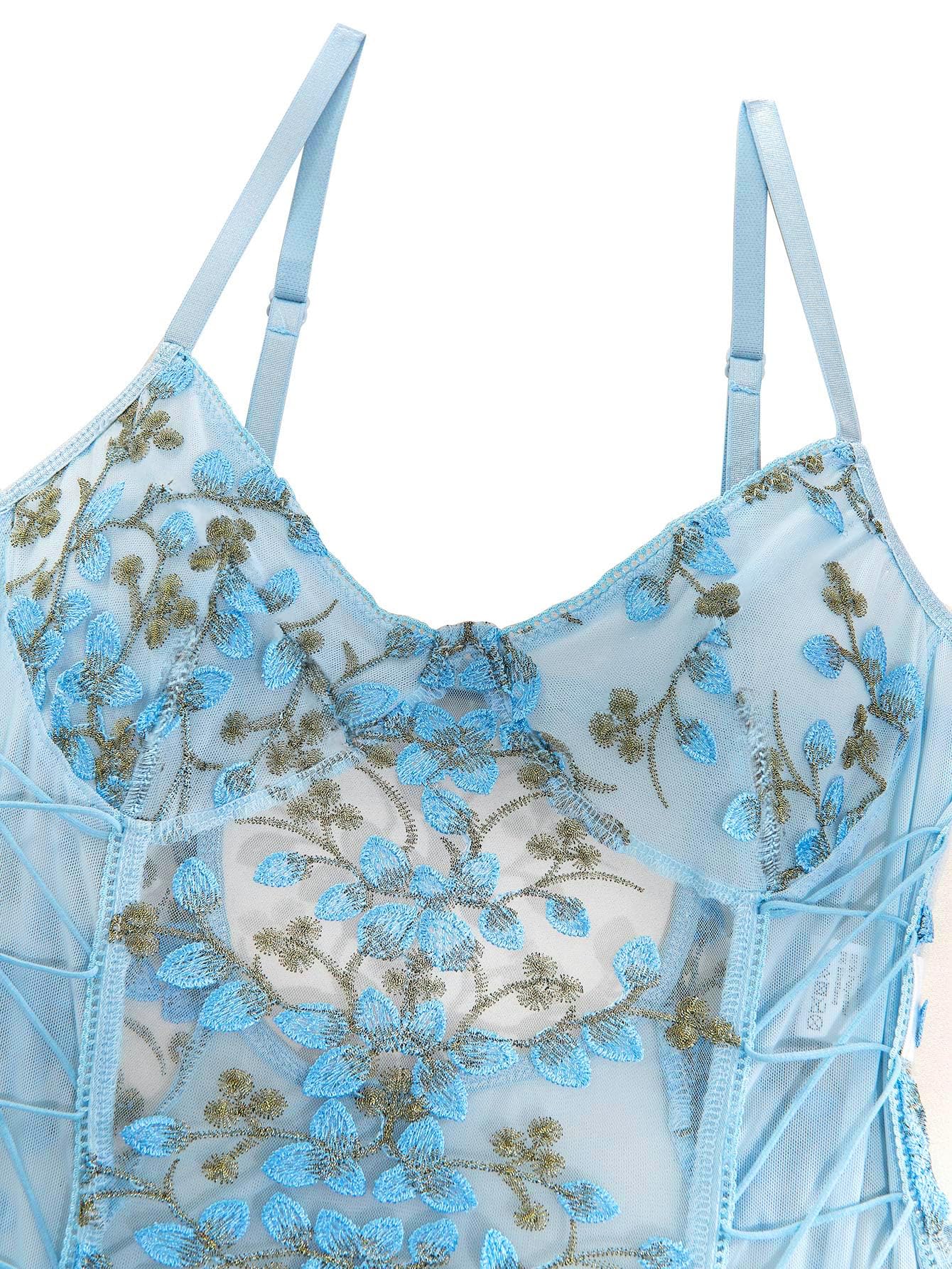 Lilosy Women Sexy Lace Up Floral Embroidered Teddy Babydoll Lingerie Bodysuit Top Mesh Sheer One Piece See Through Light Blue Medium