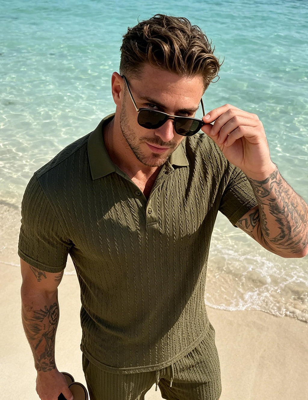 UOUA Mens Shorts Set Twisted Texture Polo Shirt & Shorts Casual 2 Piece Summer Outfits Short Sleeve Vacation Set Army-Green M