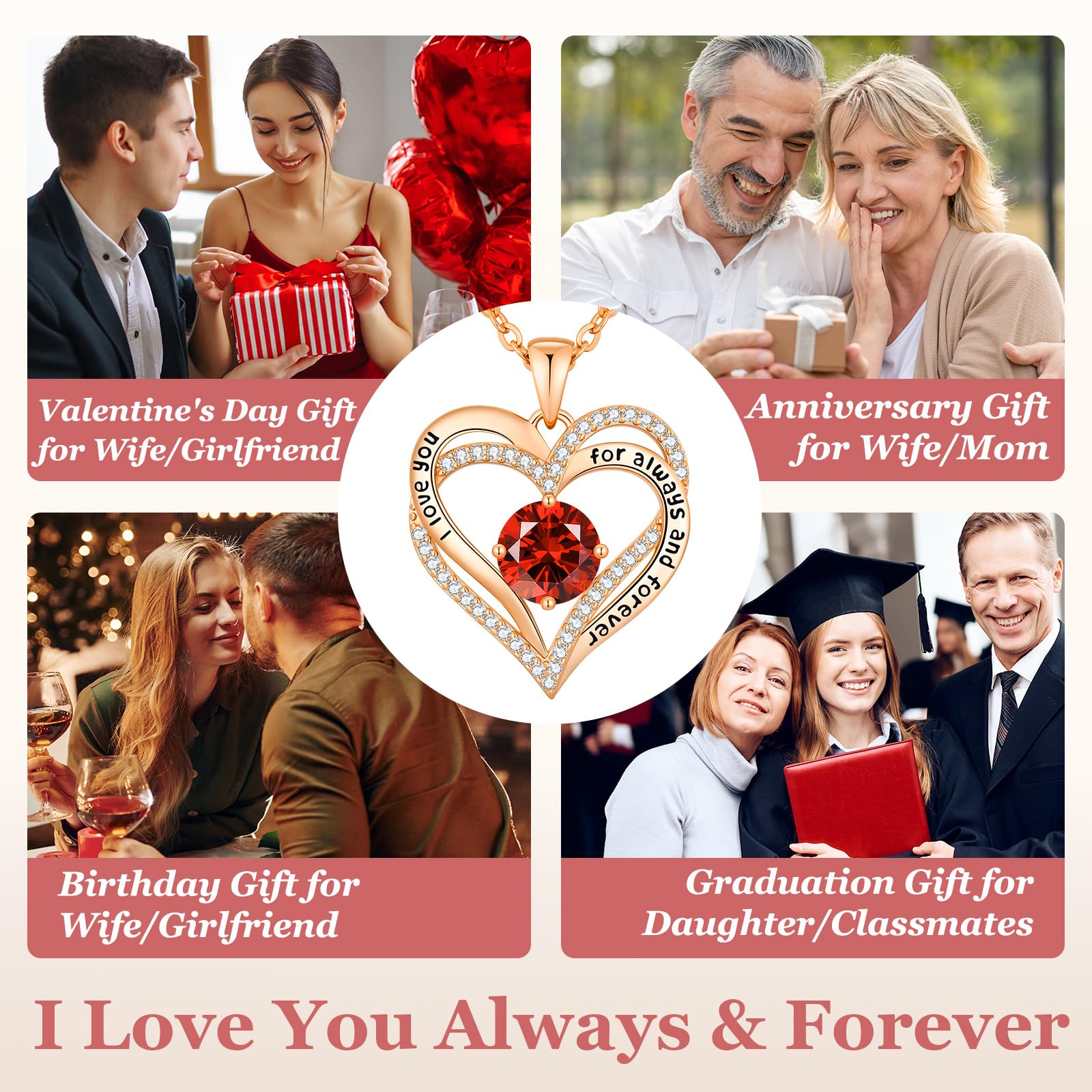 CDE Valentine's Day Gift Forever Love Heart Necklaces for Women, Wedding Anniversary, Birthday Mothers Christmas Day Gifts for Mom, Mother, Wife, S925 Silver Jewelry with Birthstone Pendant (Brass Rose Gold, Rose Gold-01/07-Jan/July)
