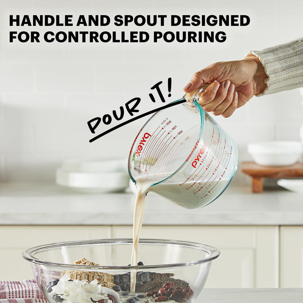 Pyrex Essentials (3-Pack) Glass Measuring Cups Set, (1, 2 & 4 Cup) Measuring Cups For Prepping, Baking and Cooking, Preheated Oven, Dishwasher, Freezer, and Microwave Safe