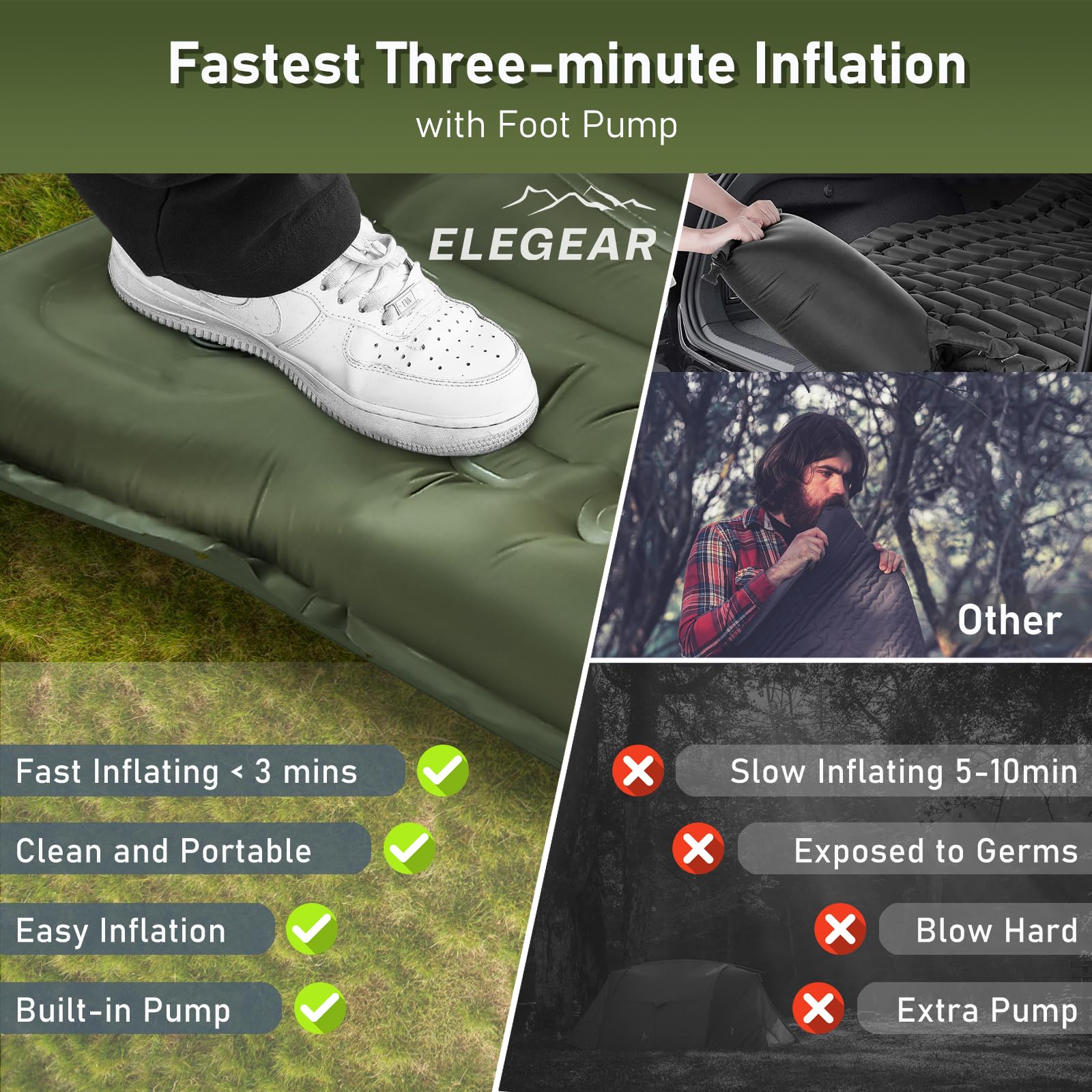 Elegear CumbreX™ Double Sleeping Pad for Camping, 5.5" Ultra-Thick Inflatable Camping Sleeping Pad 2 Person with Built-in Foot Pump, Portable Camping Sleeping Mat for Backpacking Hiking Tent, Full