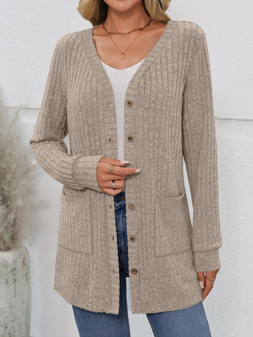 AUTOMET Women Long Cardigan Sweater Fall Lightweight Outfit Chunky 2026 Button Up Clothes with Pocket Coat Trendy Fashion Khaki L