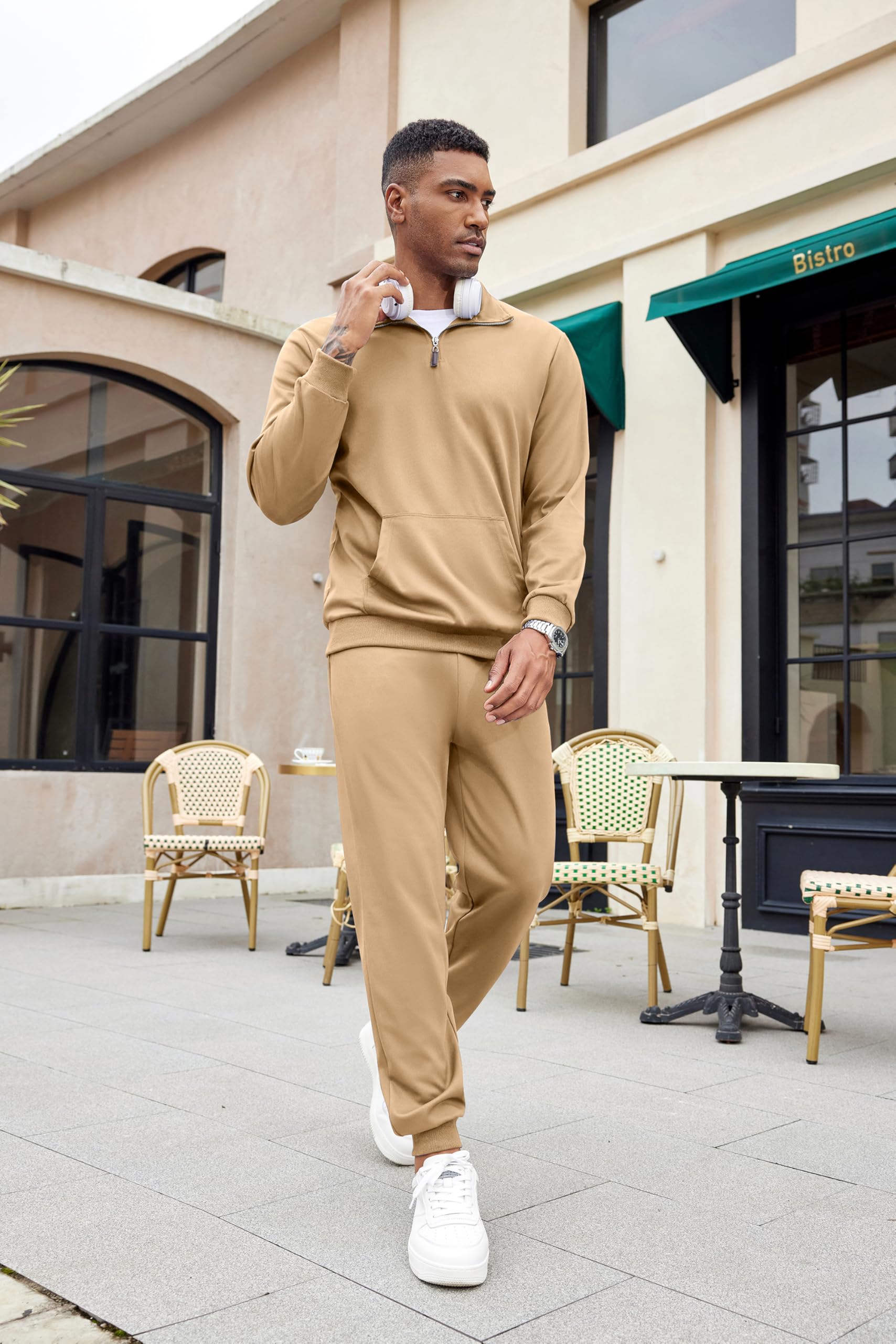 COOFANDY Men's Jogging Outfits 2 Piece Casual Outfit Sets Quarter Zip Pullover Lightweight Khaki XXXL
