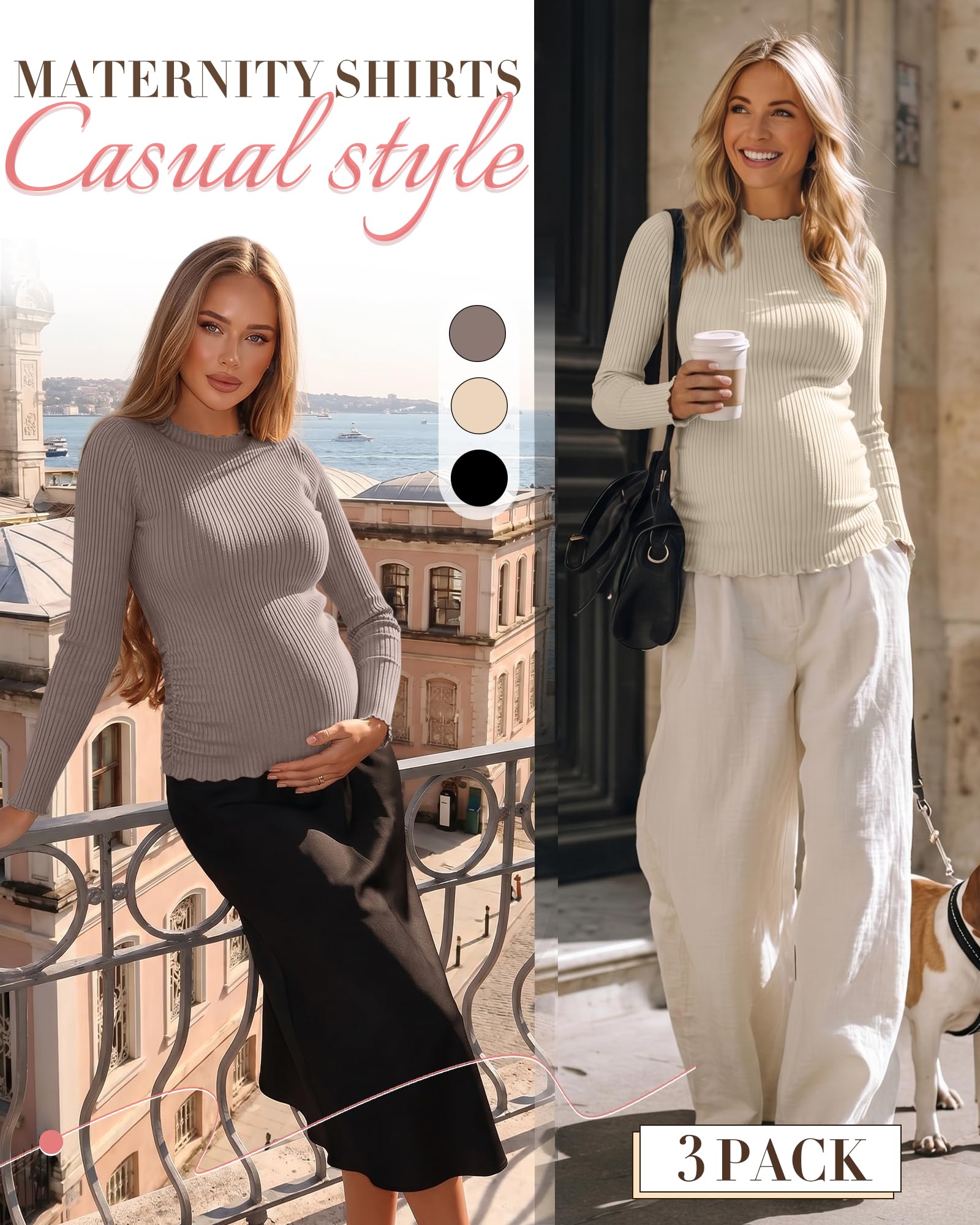 Huukeay 3 Pack Women's Ribbed Maternity Tops, 3-Color, Small
