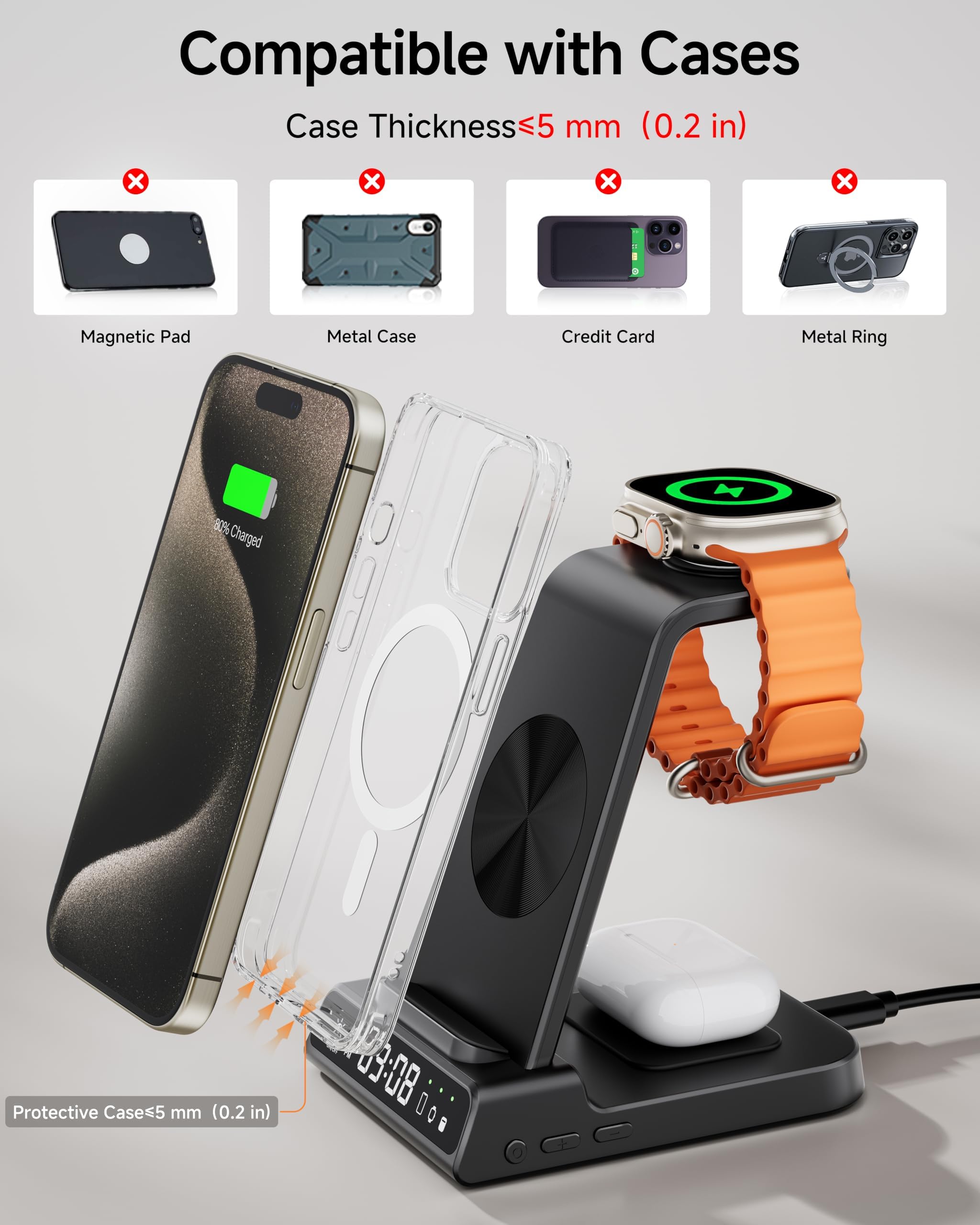 Wireless Charger for iPhone 17, 3 in 1 Charging Station for Apple Watch Watch 11/10/9/8/7/6/5, Ultra 3/SE 3, for iPhone 17/16/15/14/13/12/11/X Series, for Air Pods Pro 3/4/Pro 2 (No Adapter)