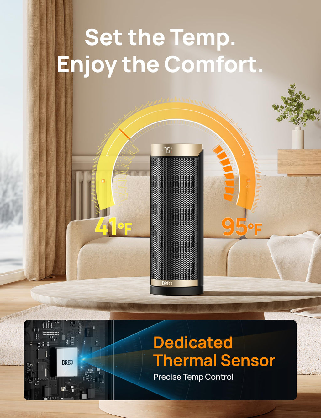 DREO Space Heater, 1500W Electric Heaters for Indoor Use with Thermostat, 70° Oscillation, 8 Safety Protections, 5 Modes, Remote, 12H Timer, Quiet Portable Heater for Office, Bedroom, Large Room