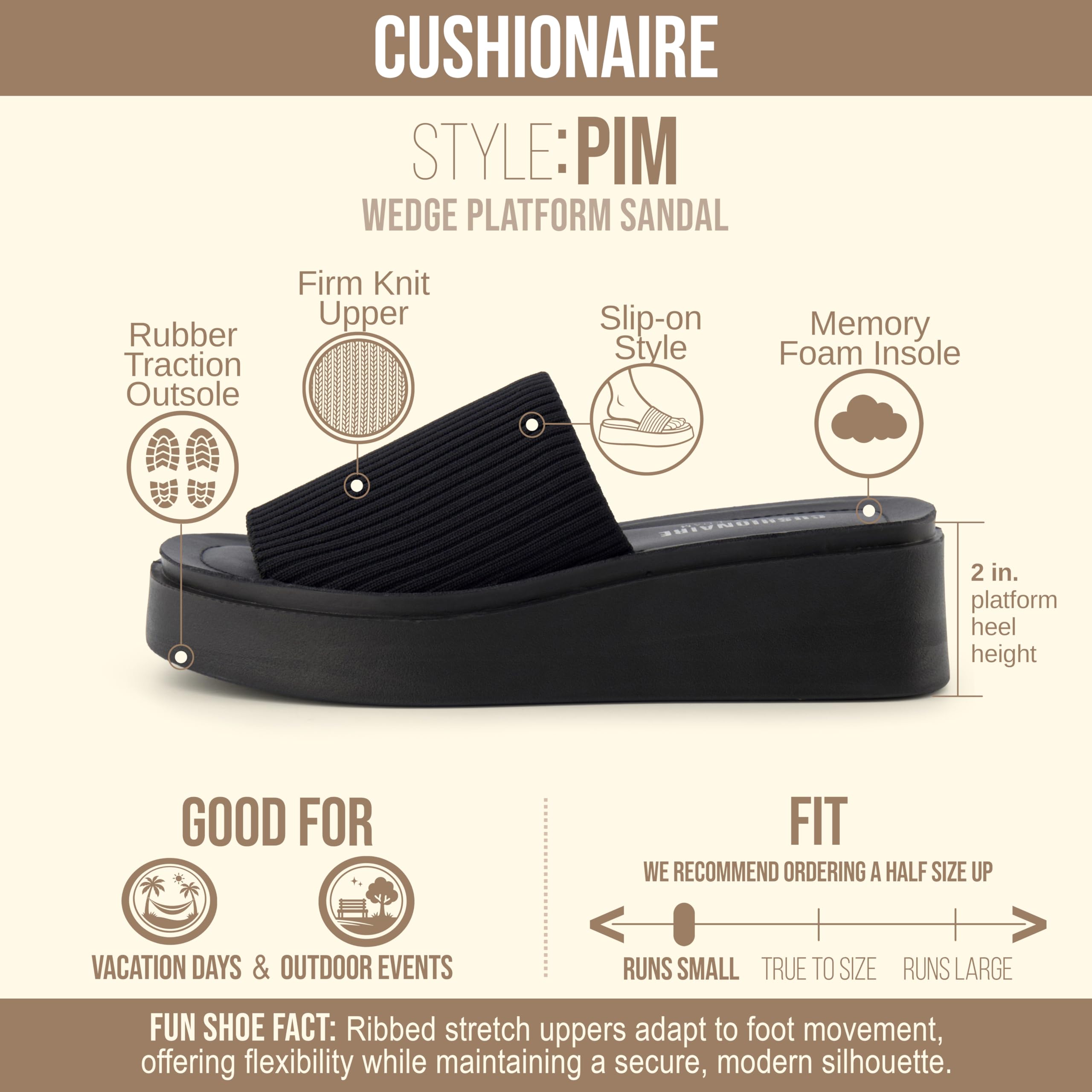CUSHIONAIRE Pim Wedge Chunky Platform Womens Sandals with Firm Knit Upper & Memory Foam Summer Sandals for Women 2026, BLACK 9