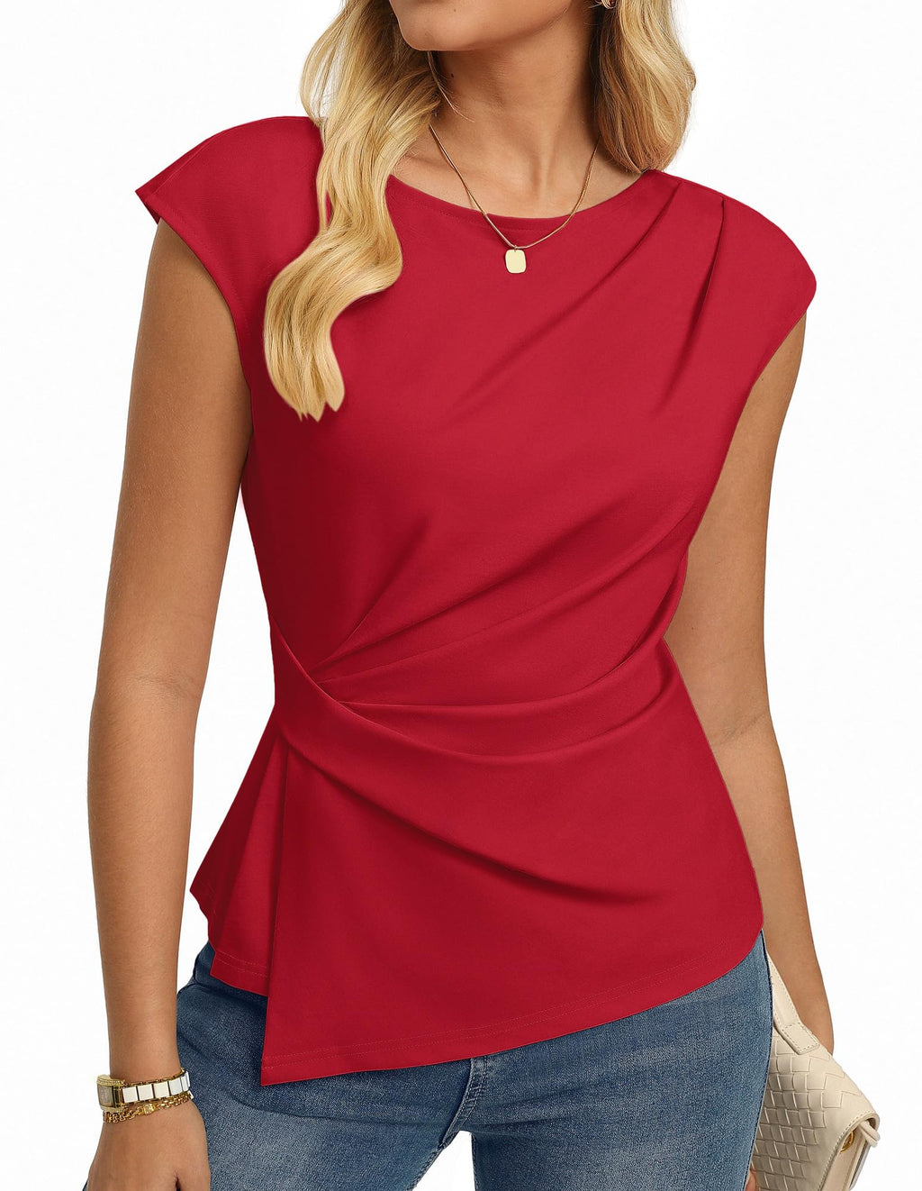 GRACE KARIN Womens 2026 Spring Short Sleeve Tops, Dressy Casual Crew Neck Peplum Shirts, Trendy Tunic Blouses with Knot Red M