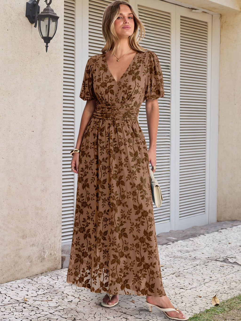 ANRABESS Women’s Floral Maxi Formal Dress Summer Mesh Short Sleeve V Neck Empire Waist Wedding Guest Party Dresses Coffee X-Large
