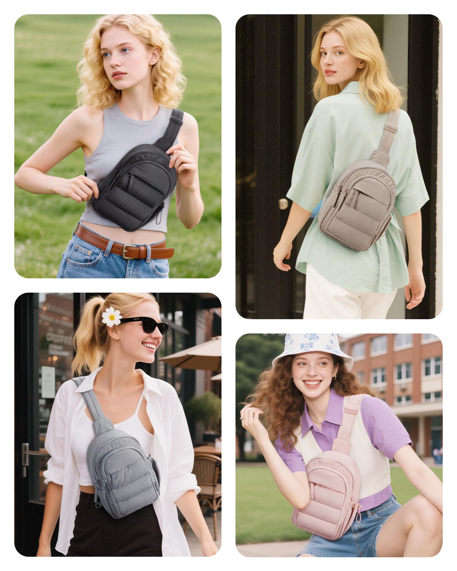BAGSMART Small Sling Bag for Women, Puffer Crossbody Bag Purses Hobo Handbag Fanny Packs for Travel Hiking, Grey