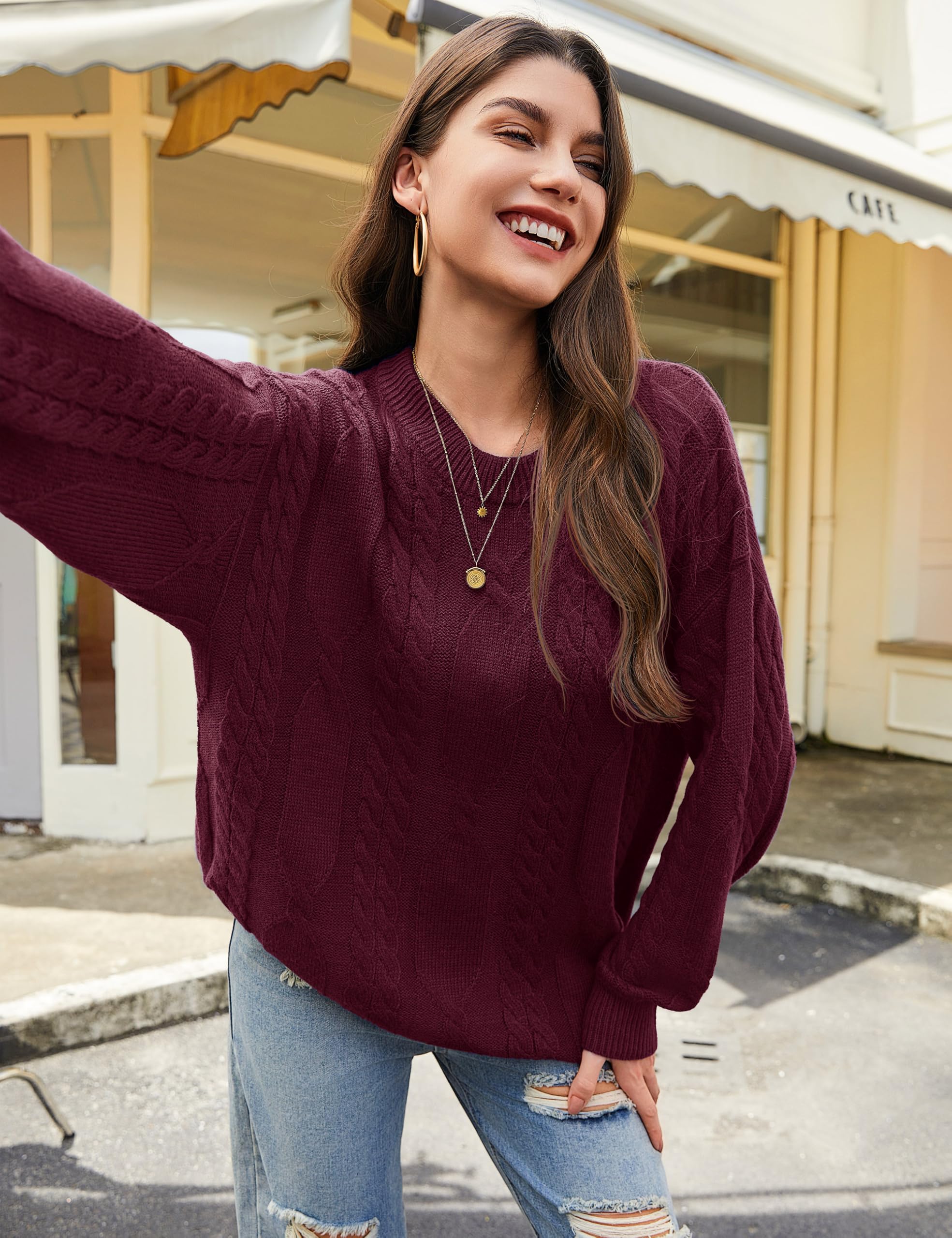 YUCOLEN Women's Sweaters Oversized Cable Knit Sweater Long Sleeve Crewneck 2026 Trendy Winter Pullover Tops, WineRed M