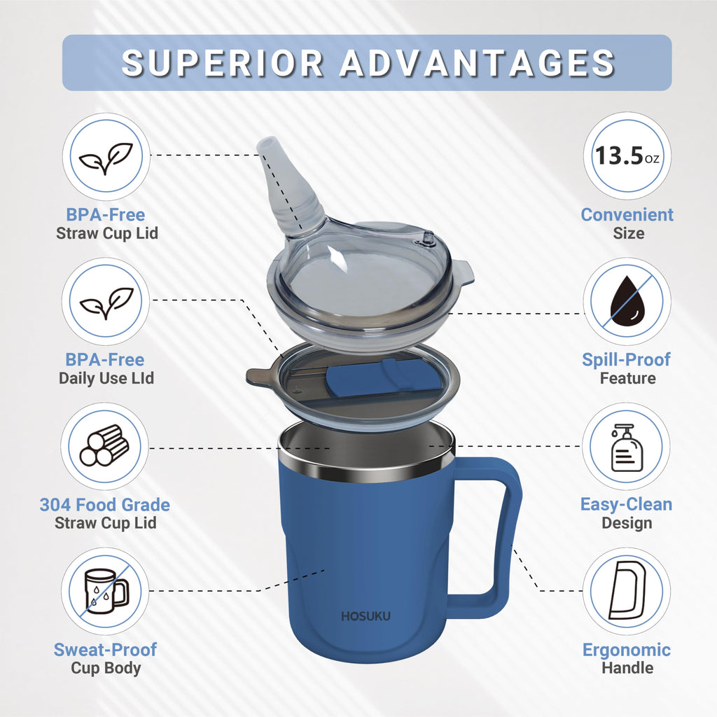 HOSUKU Spill-Proof Cup for Elderly, 13.5oz Stainless Steel Sippy Cup with Straw, Ideal for Seniors and Adults, Great for Water, Milk, and Soup (Blue), Health & Household Supplies