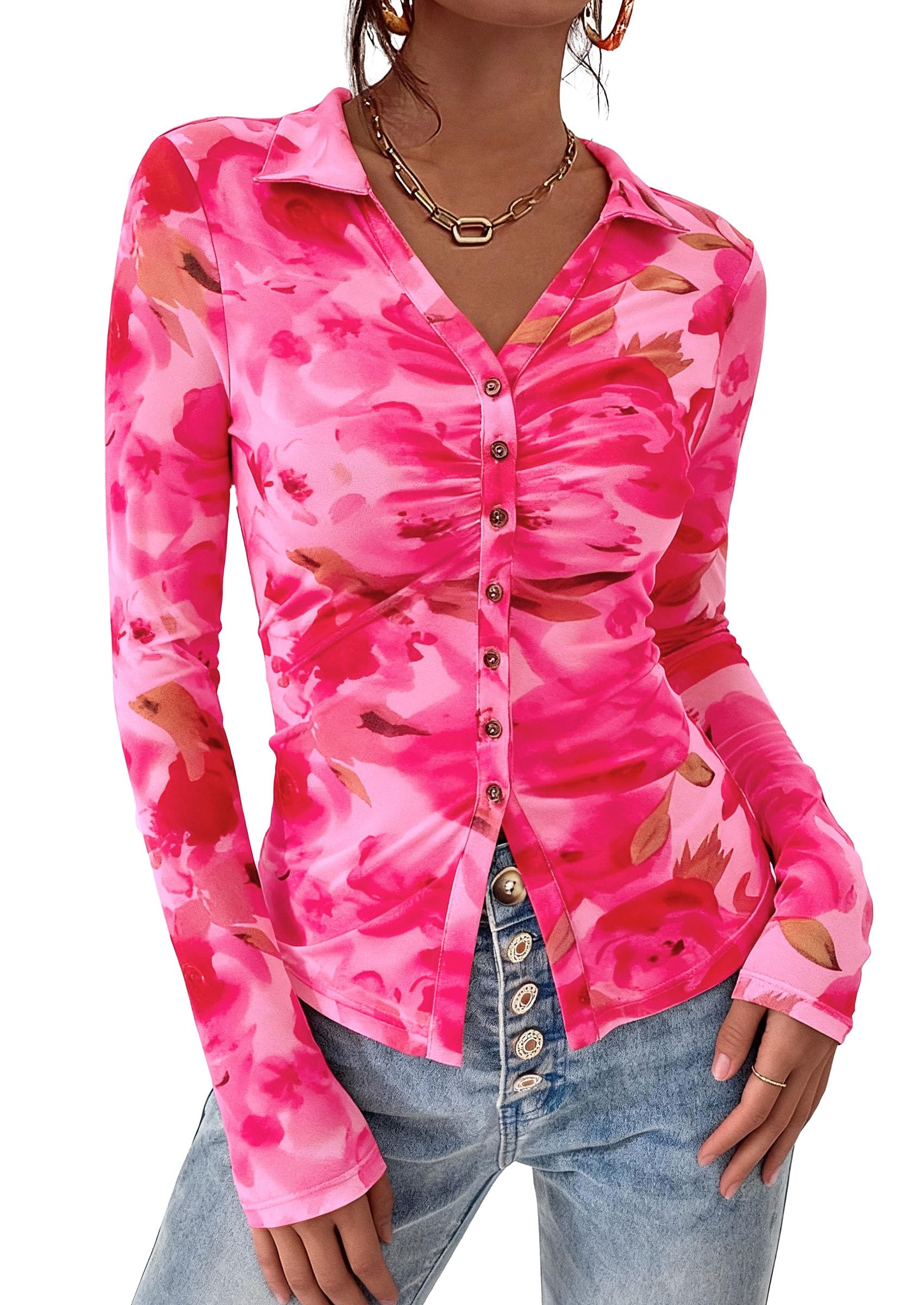 PRETTYGARDEN Women Button Down Floral Shirts 2026 Fall Trendy Long Sleeve V Neck Mesh Boho Blouse Spring Tops Date Outfits (Floral Pink,Large)