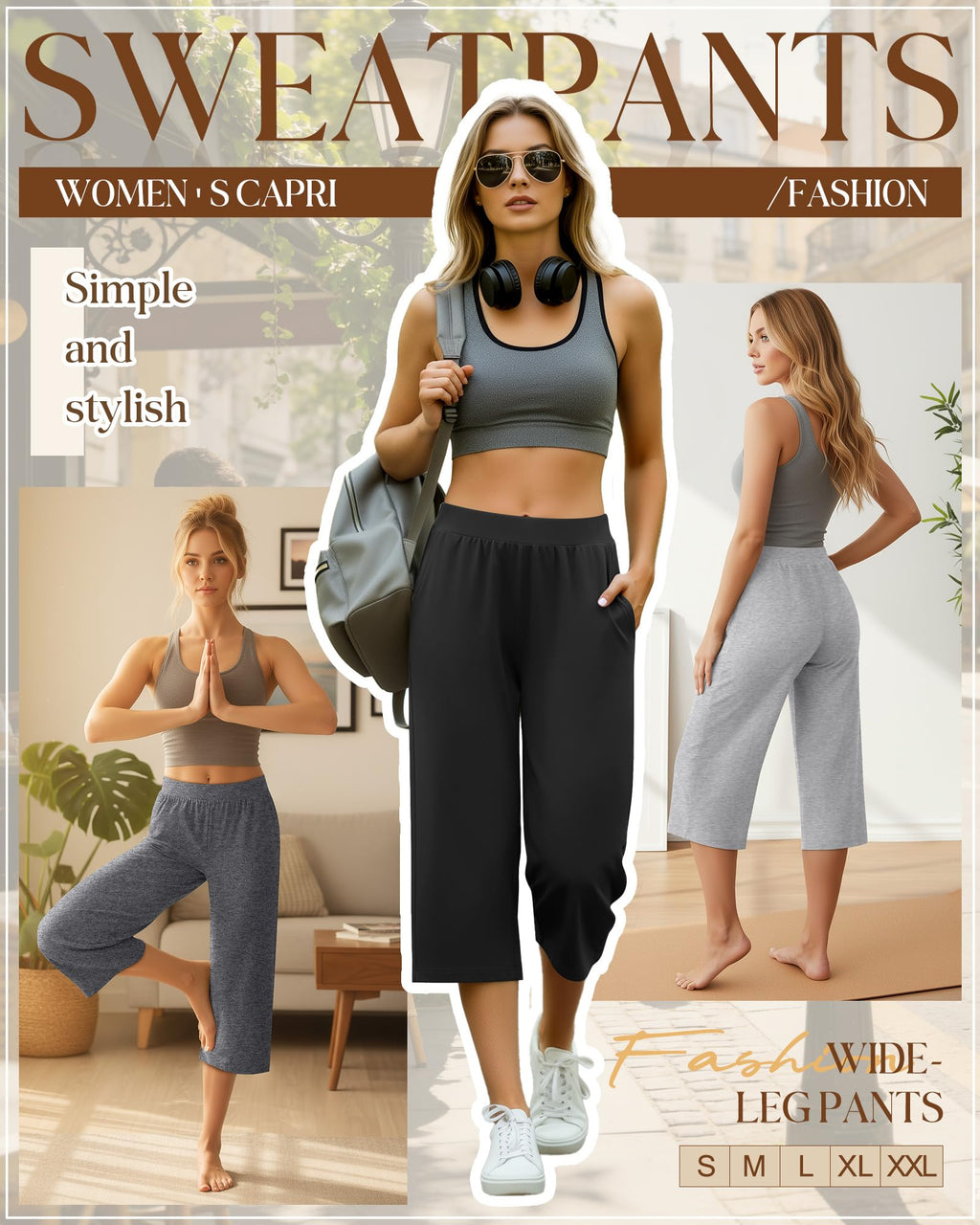 Huukeay 3 Pack Women's Wide Leg Capris Sweatpants, X-Large, 3-Color