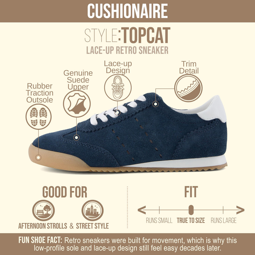 CUSHIONAIRE Topcat 100% Genuine Leather Suede Sneakers for Women, Lightweight Everyday Casual Womens Shoes with Retro Style and Cushioned Comfort, Navy 8.5