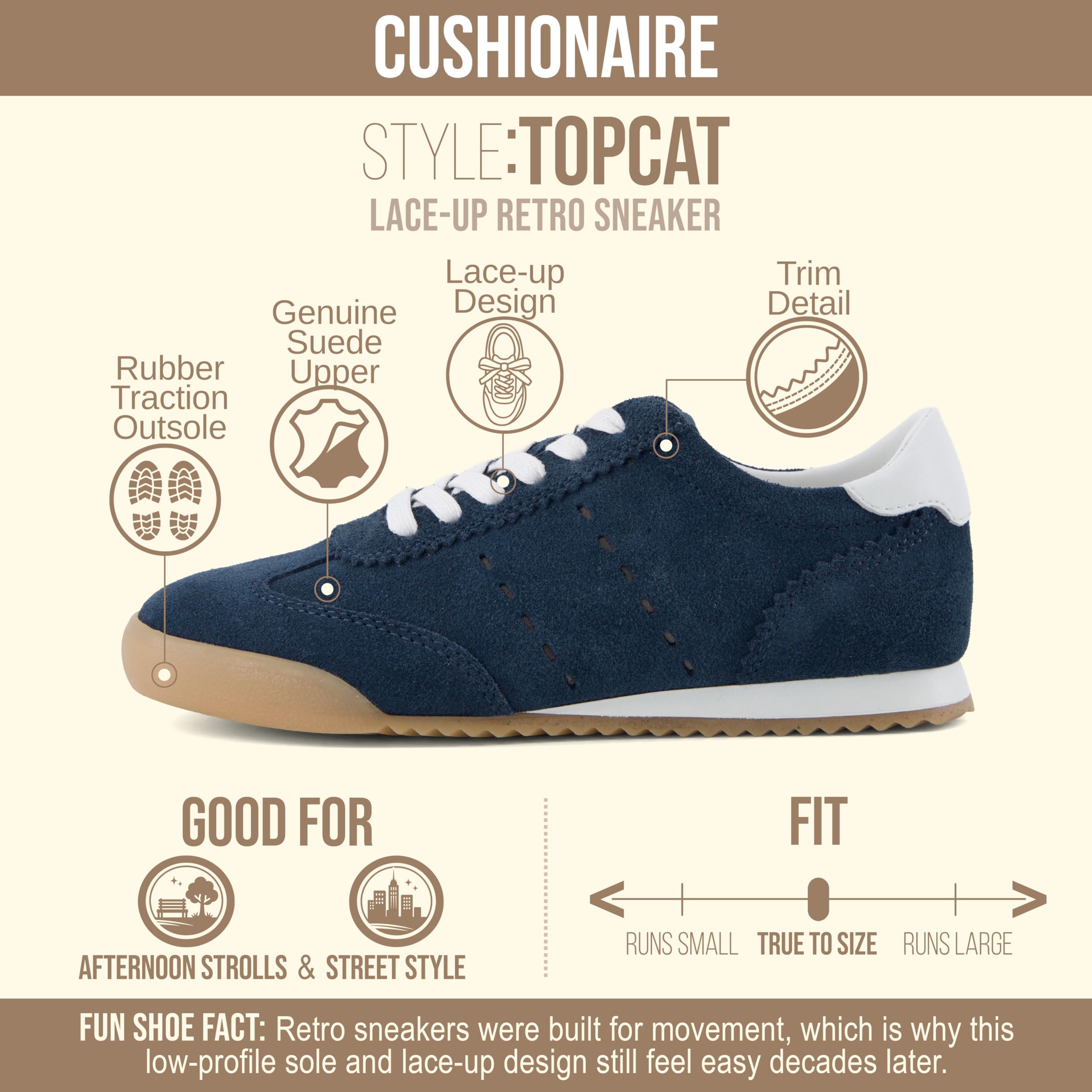 CUSHIONAIRE Topcat 100% Genuine Leather Suede Sneakers for Women, Lightweight Everyday Casual Womens Shoes with Retro Style and Cushioned Comfort, Navy 8.5