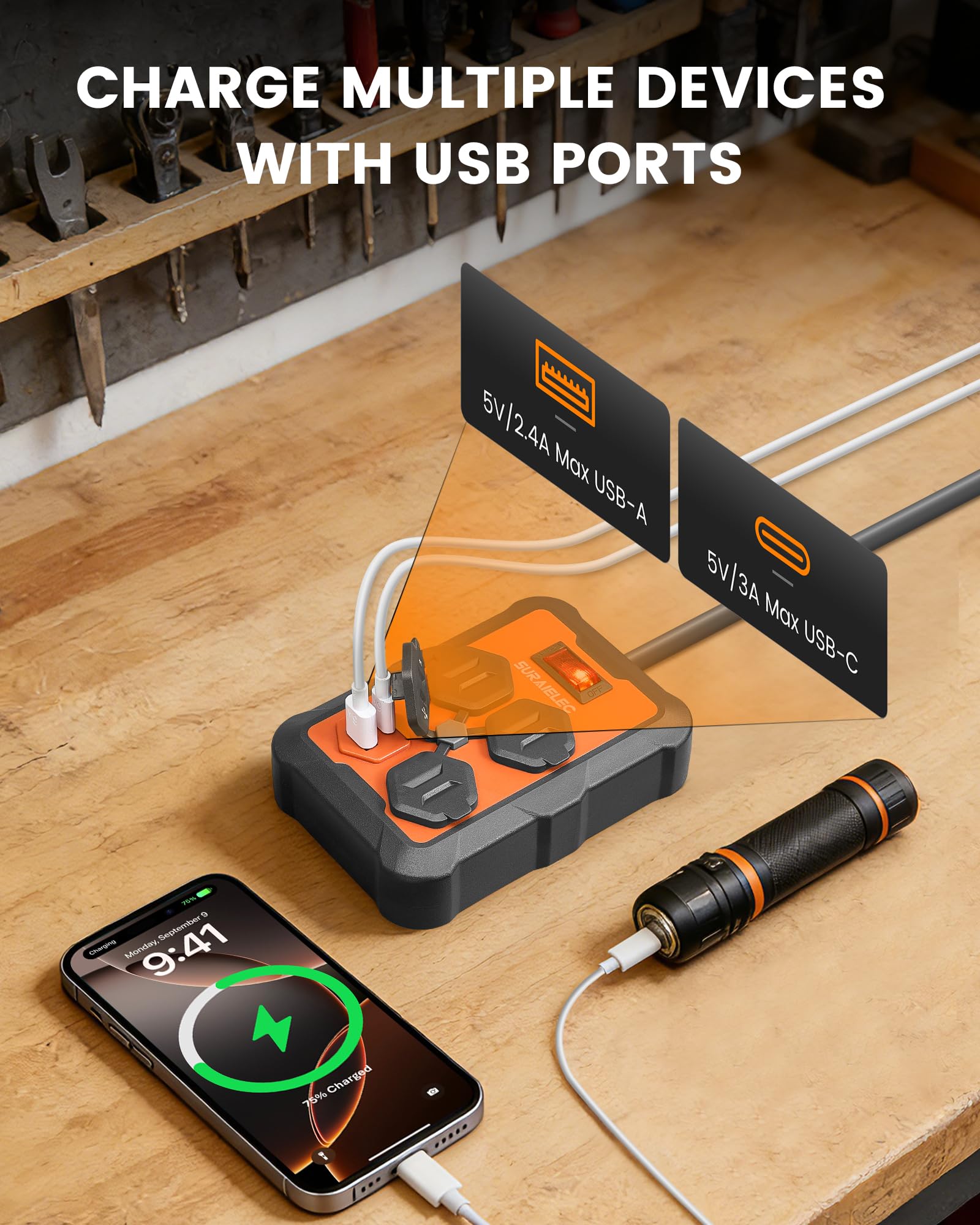 SURAIELEC Heavy-Duty Power Strip with USB-A & USB-C, 1960J Surge Protection, Overmolded Rubber Housing, 5-Outlets (3 AC + 2 USB), Angled Flat Plug, 10FT Cord for Workshop, Garage, Office, ETL Listed