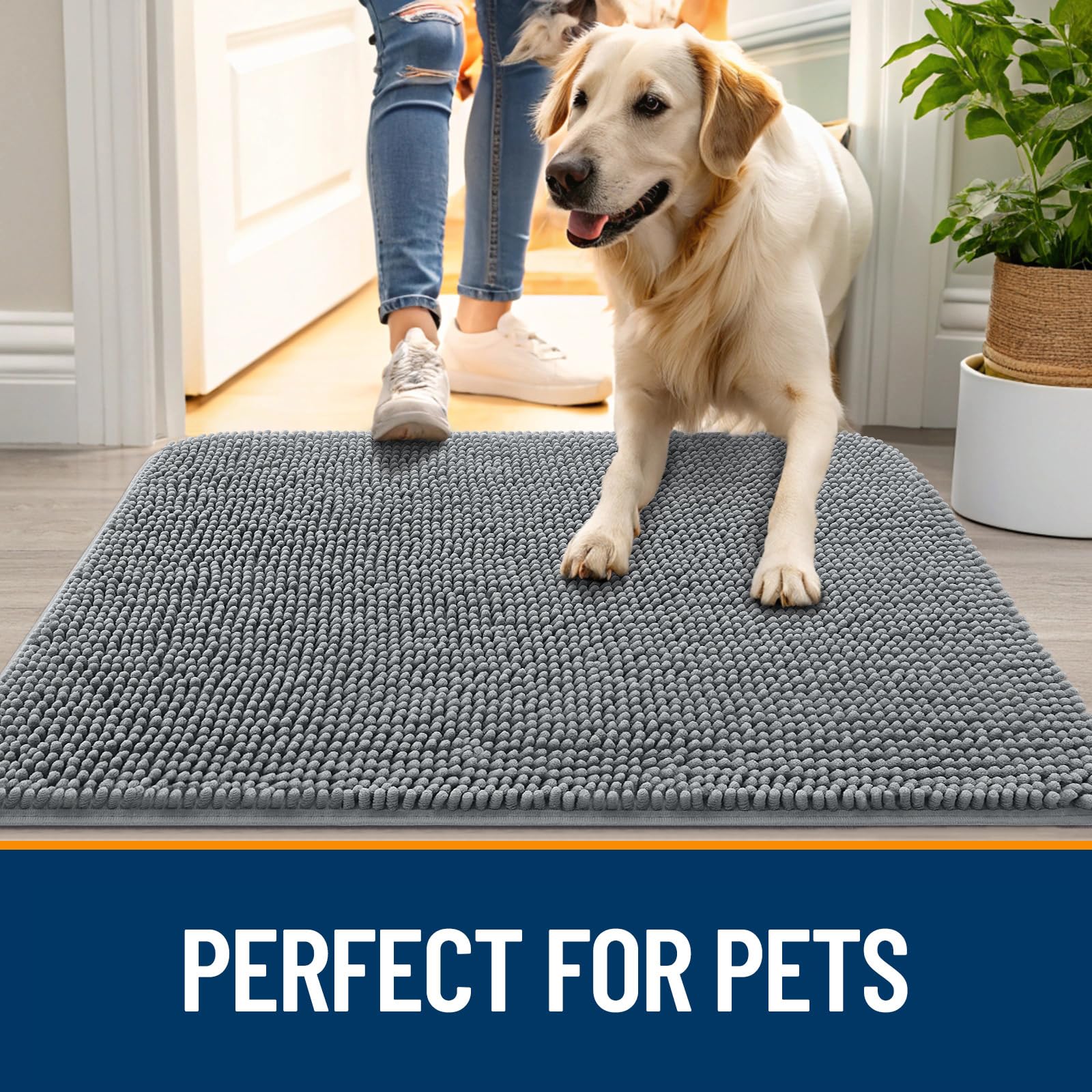 OLANLY Dog Door Mat for Muddy Paws 30x20, Absorbs Moisture and Dirt, Absorbent Non-Slip Washable Doormat, Quick Dry Chenille Mud Mat for Dogs, Entry Indoor Entryway Carpet for Inside Floor, Grey