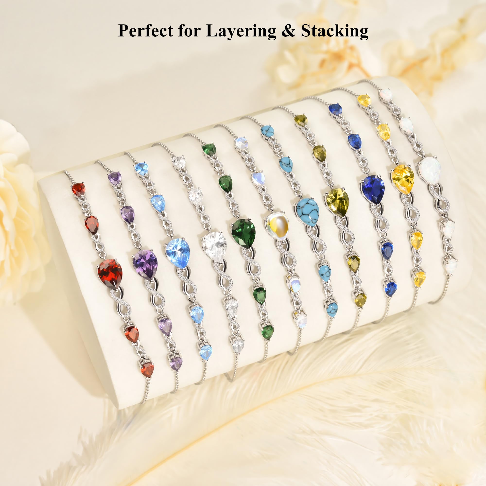 Mothers Day Gifts for Mom Birthstone Bracelets for Women,Teardrop Infinity Bracelet 925 Sterling Silver Women Charm Link Bracelet Adjustable,Valentines Day Gifts for Wife Anniversary Fine Jewelry Gifts for Mom Wife Girlfriend Her