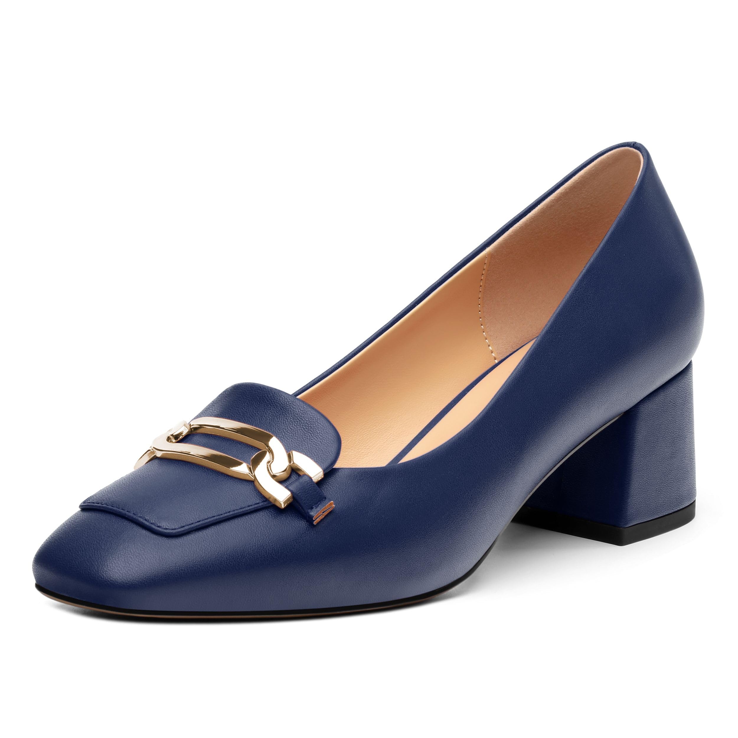 CDXJHYMY Women's Pumps Low Chunky Block Heel Square Toe Slip On Comfortable Dress Shoes for Work Office Casual Navy Blue Matte Size 7.5