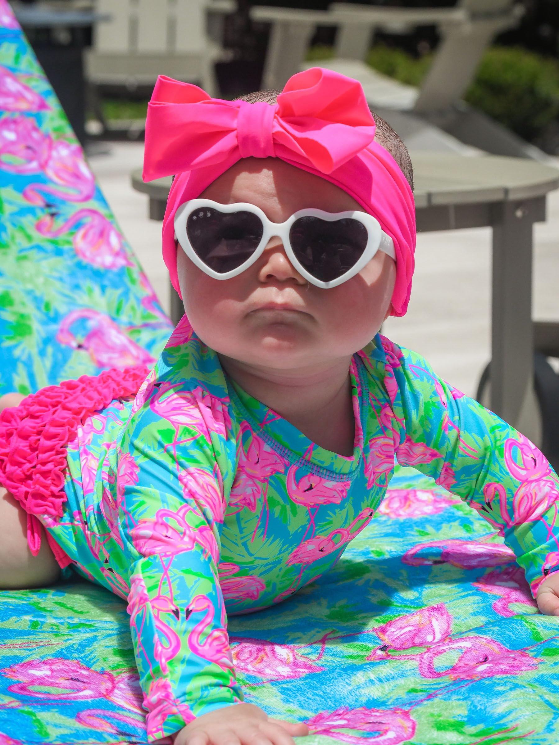 RuffleButts Baby Girls UPF 50+ Sun Protection Tropical Print Long Sleeve One Piece Rash Guard Swimsuit with Zipper - Neon Flamingo Fun, 12-18m