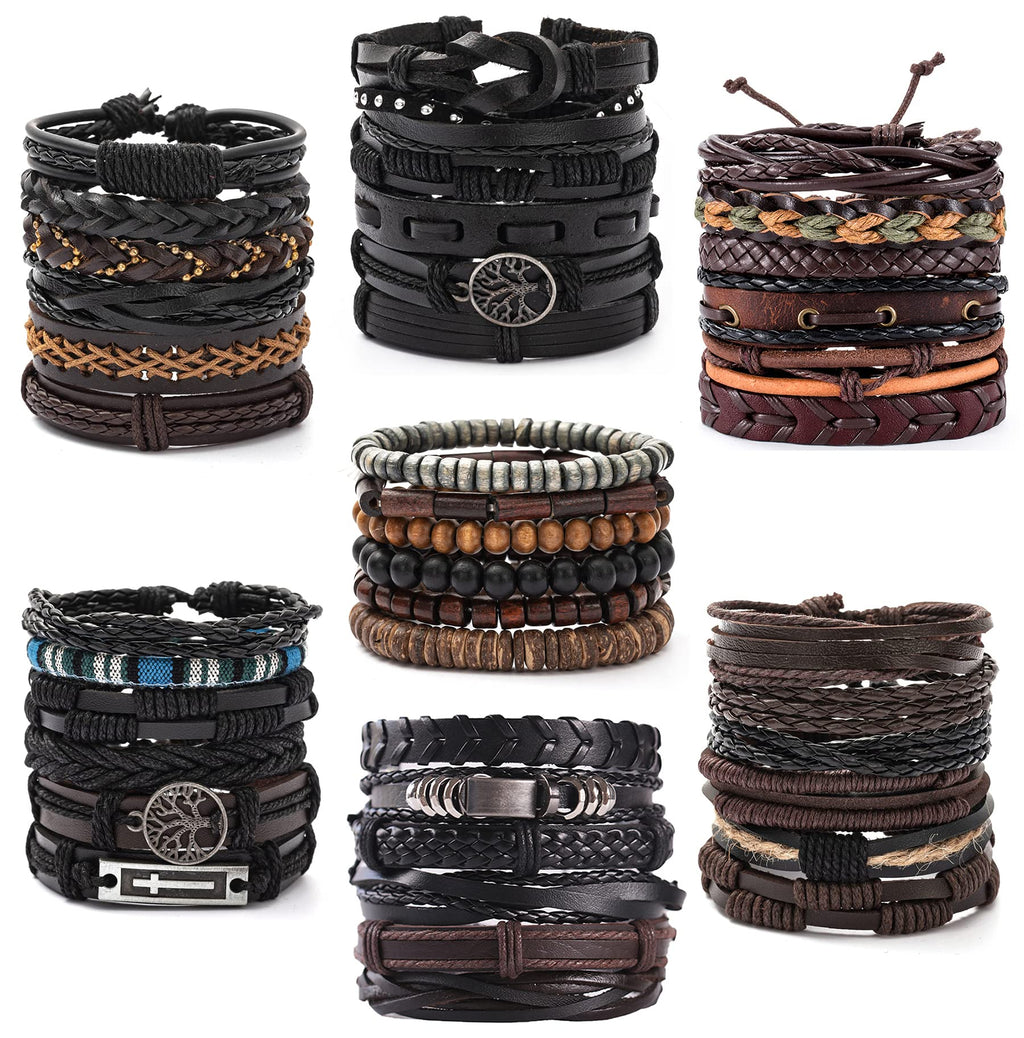 FIRAZIO 42Pcs Braided Leather Bracelets for Men Women Wrap Wood Beads Cuff Bracelet Hemp Cords Ethnic Tribal Handmade Wrap Wristband Bracelets Set Adjustable