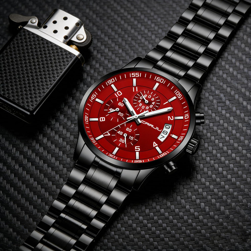 CRRJU Watches Men's Fashion Luxury Stainless Steel Watches Date Waterproof Chronograph Wristwatches,Casual Business Japan Movement Quartz Watch(Black red)