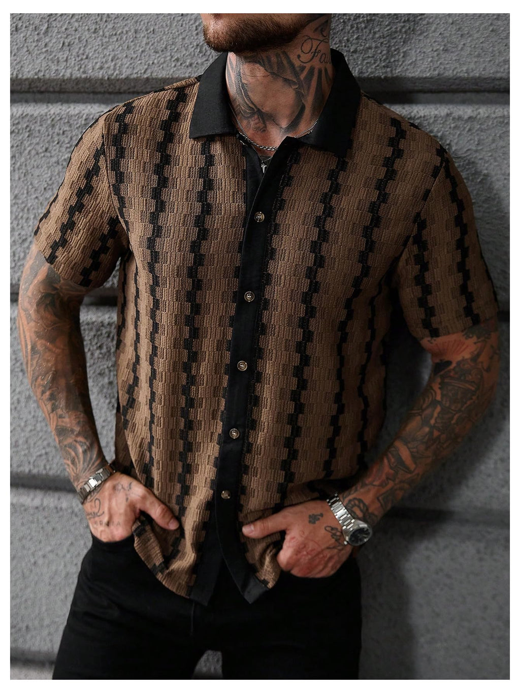 SOLY HUX Men's Summer Striped Shirts Casual Button Down Textured Short Sleeve Collared Vintage Beach Shirts Plain Coffee Brown X-Large