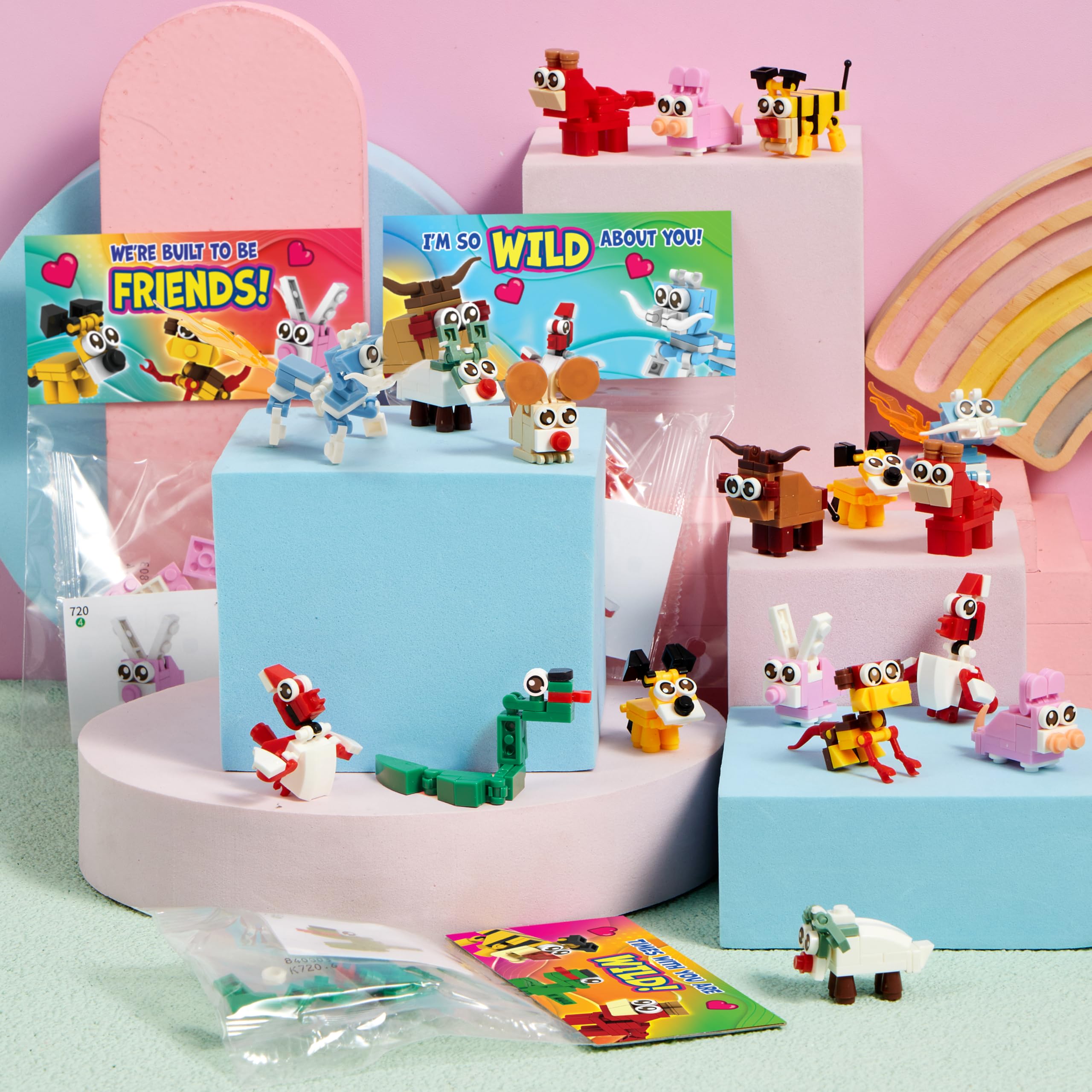 JOYIN 24 Packs Valentines Day Gift Cards with Animal Building Blocks for Party Favor Toy, Valentine's Classroom Exchange, Kids Classroom School Prize