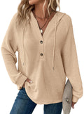 Dokotoo Winter Clothing for Women Oversized Waffle Knit Hoodies Drawstring Button V Neck Long Sleeve Casual Loose Lightweight Comfy Warm Pullover Sweatshirt Hoodie Tops Plus Size Apricot Large
