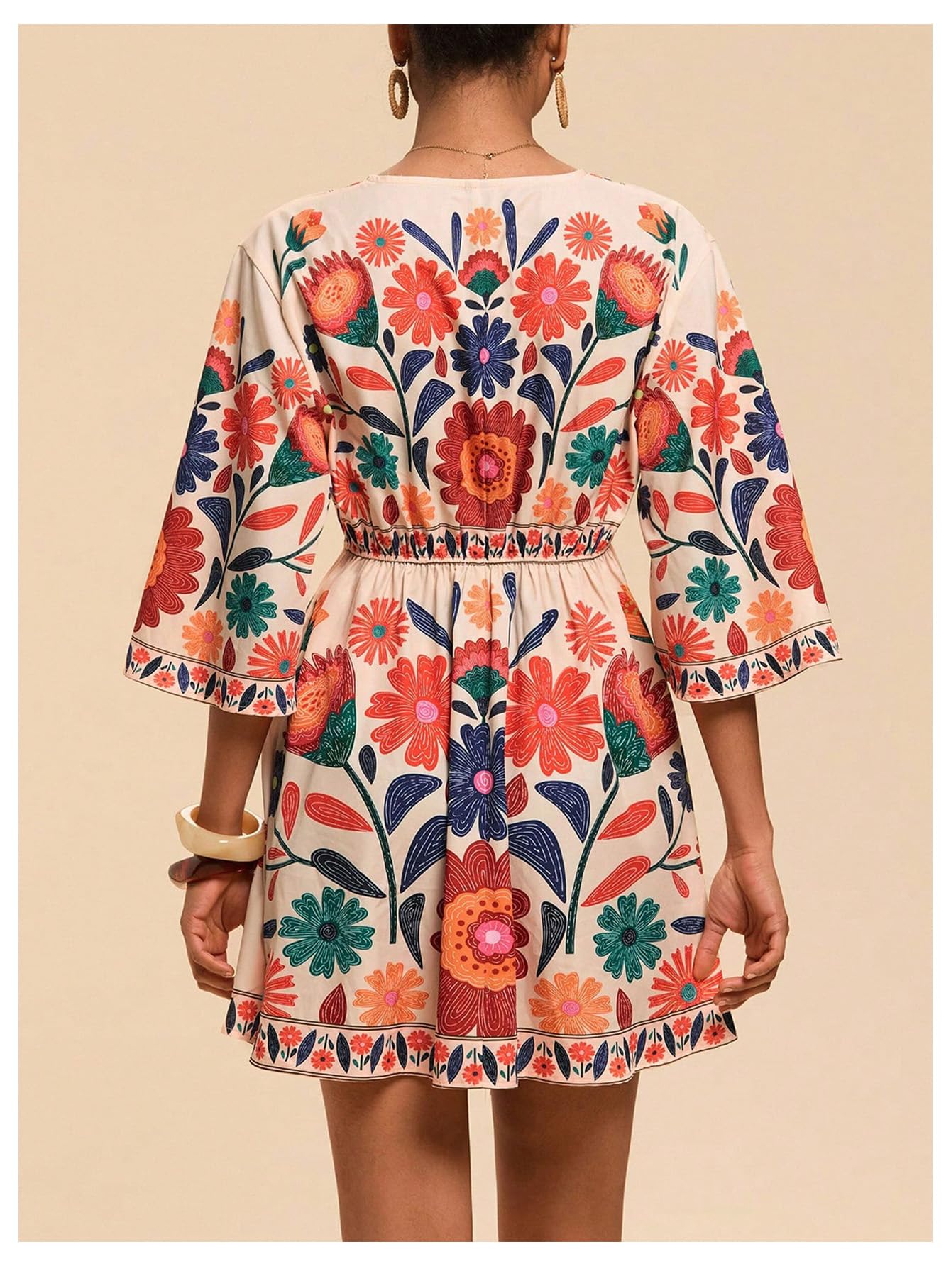 WDIRARA Women's Floral A Line Short Dress V Neck 3/4 Sleeve Flowy Dresses Boho Beach Vacation Multicolored Flower X-Large